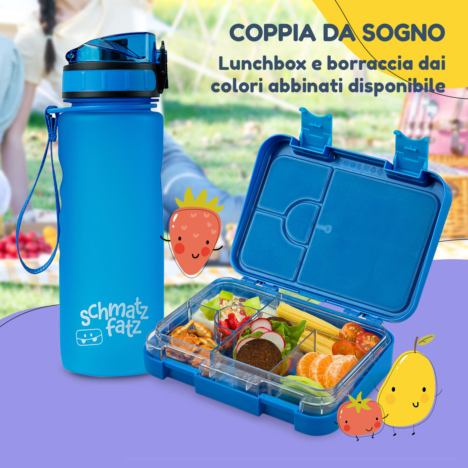 schmatzfatz - Set da colazione: portapranzo e borraccia, Tritan, chiusura ermetica, senza BPA Blu