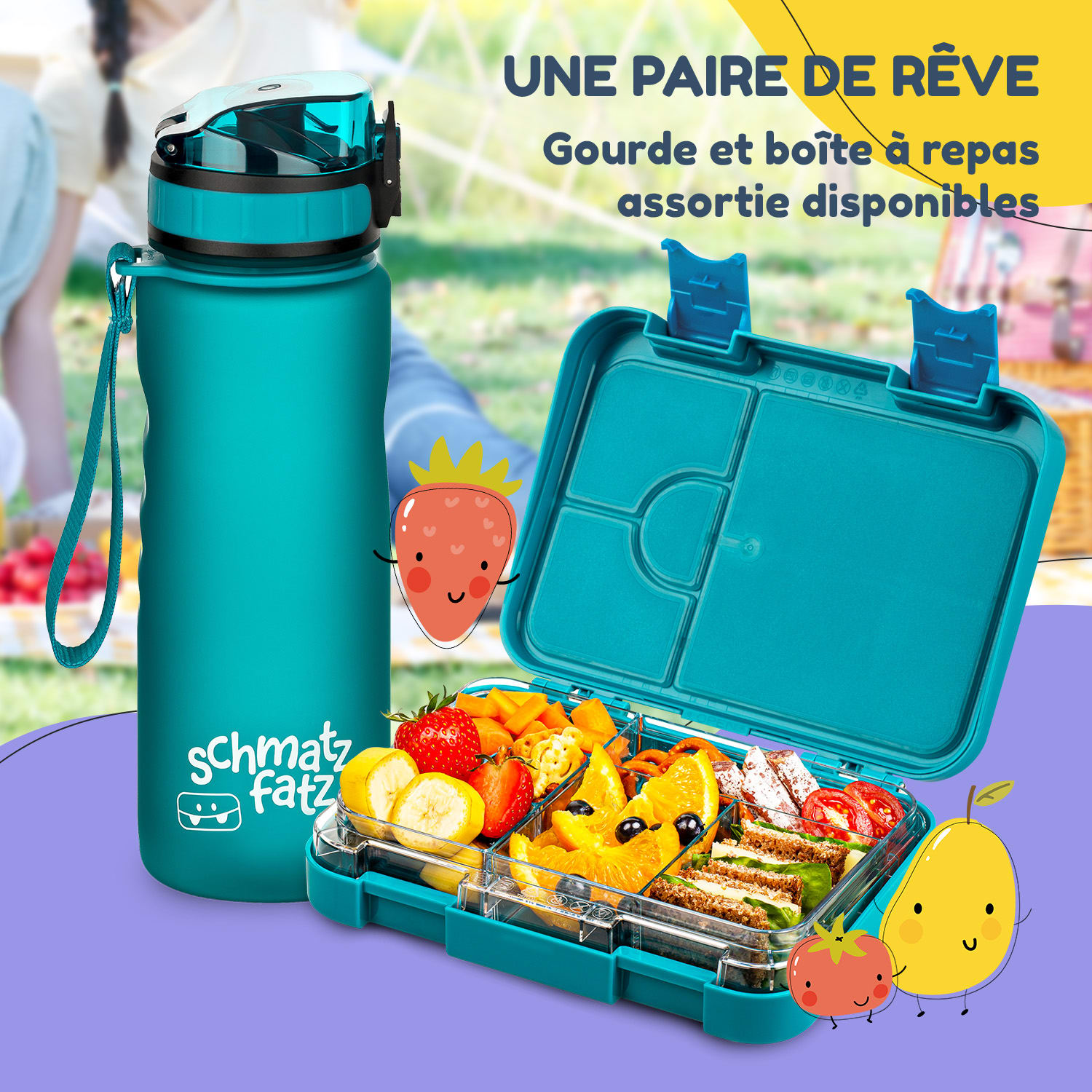 schmatzfatz Ensemble petit-déjeuner Boîte à repas & gourde Tritan étanche sans BPA Bleu Pétrole