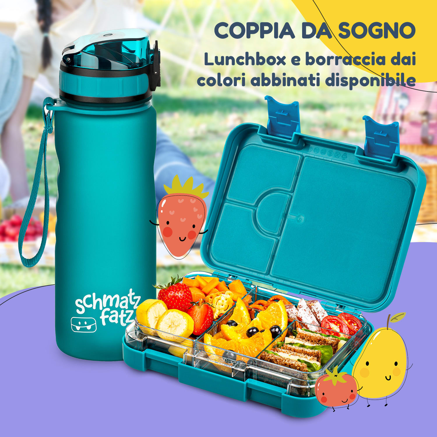 schmatzfatz - Set da colazione: portapranzo e borraccia, Tritan, chiusura ermetica, senza BPA Petrolio