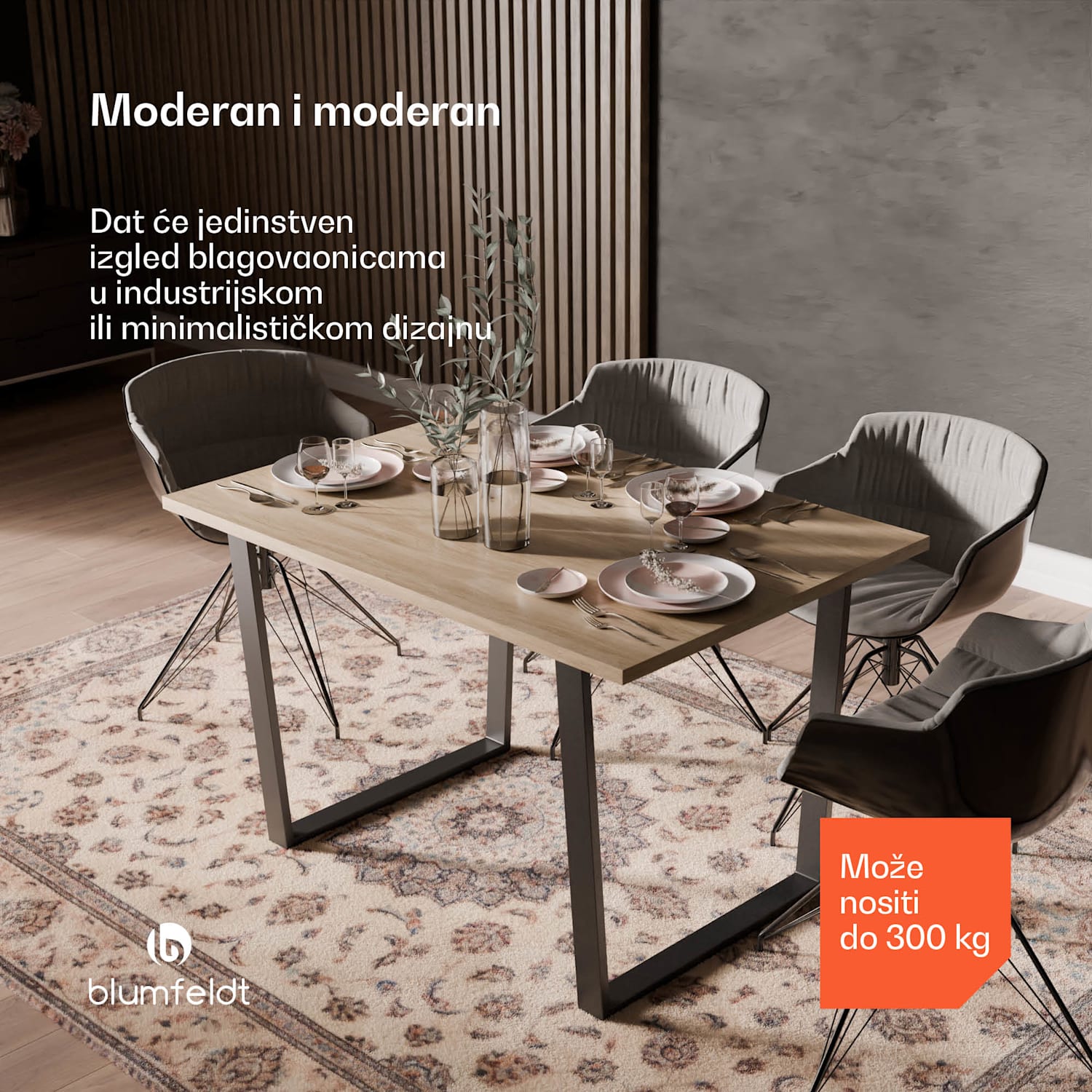 Bearsdon blagovaonski set, ploča stola i metalne noge stola, industrijski stil, stabilan, moderna 120 x 80 cm | Bor