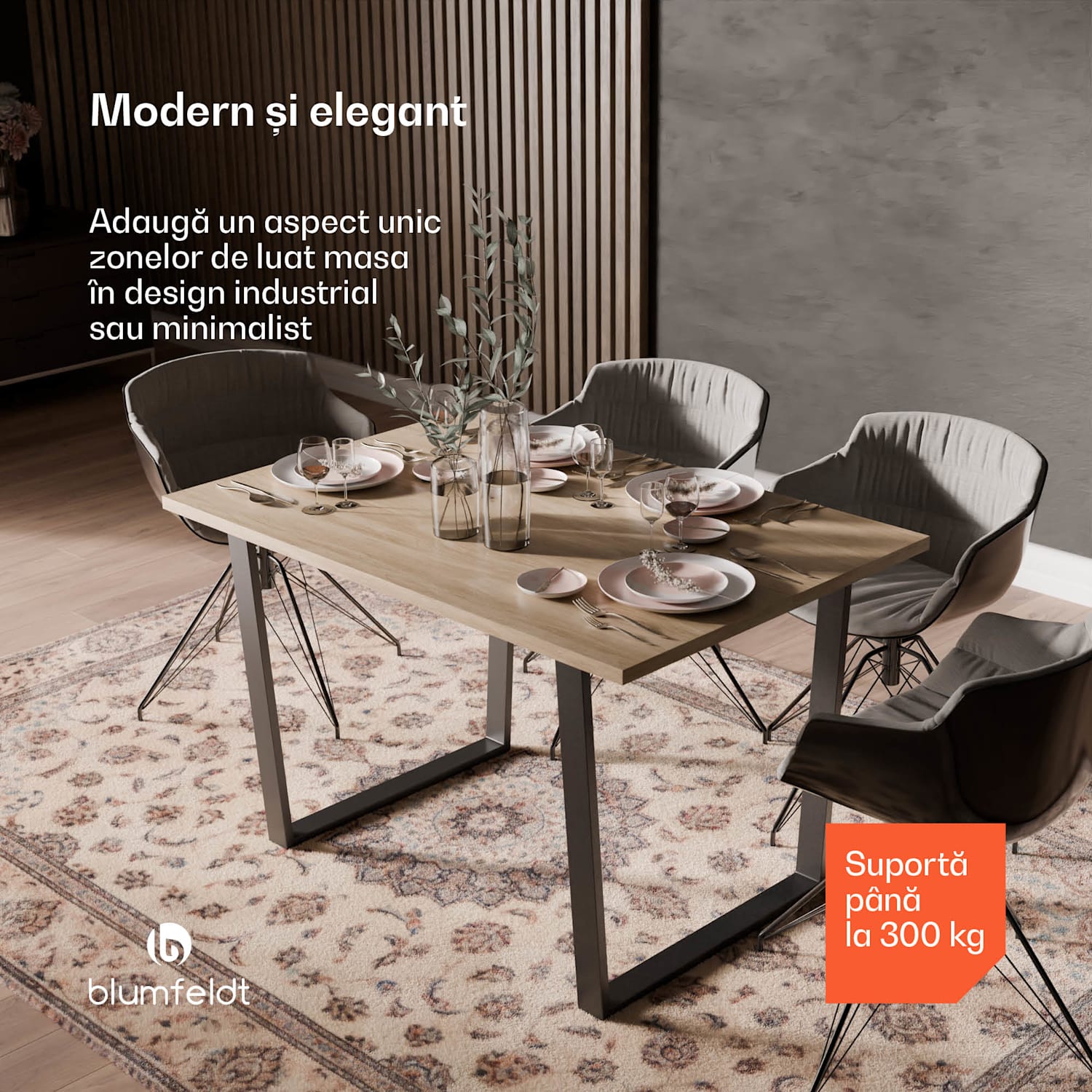 Set de sufragerie Bearsdon, blat de masă și picioare de masă din metal, stil industrial, stabil, modern 120 x 80 cm | Pin