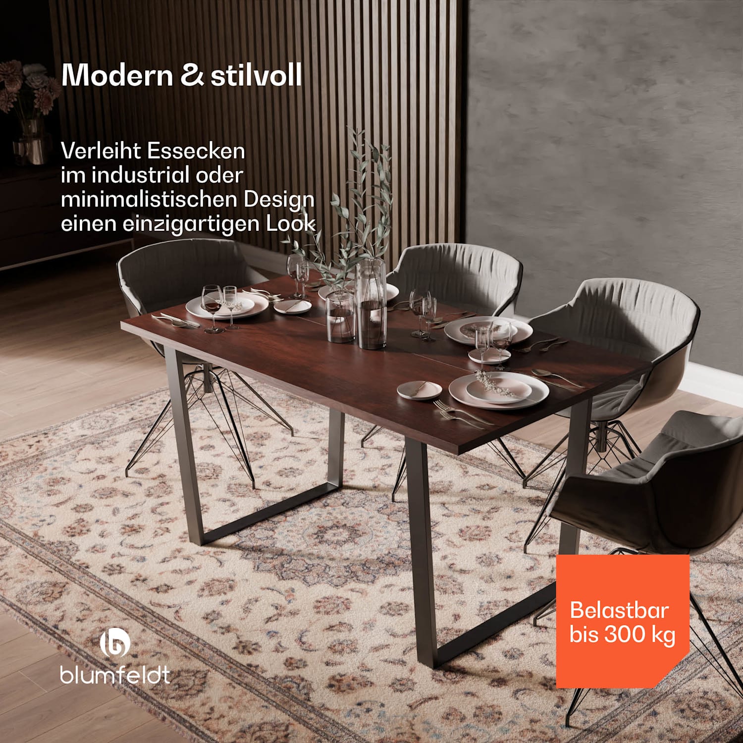 Bearsdon Esstisch Set | Tischplatte & Metall-Tischbeine | Industrial Style | stabil | modern 140 x 80 | Teakholz