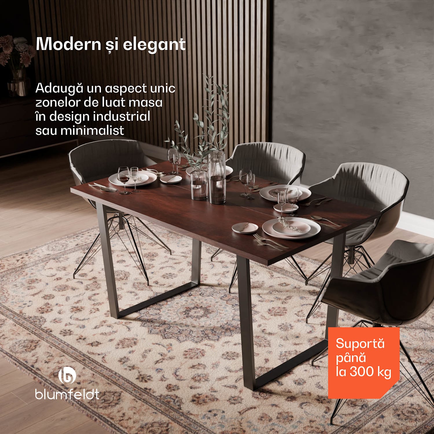 Set de sufragerie Bearsdon, blat de masă și picioare de masă din metal, stil industrial, stabil, modern 140 x 80 | Teak