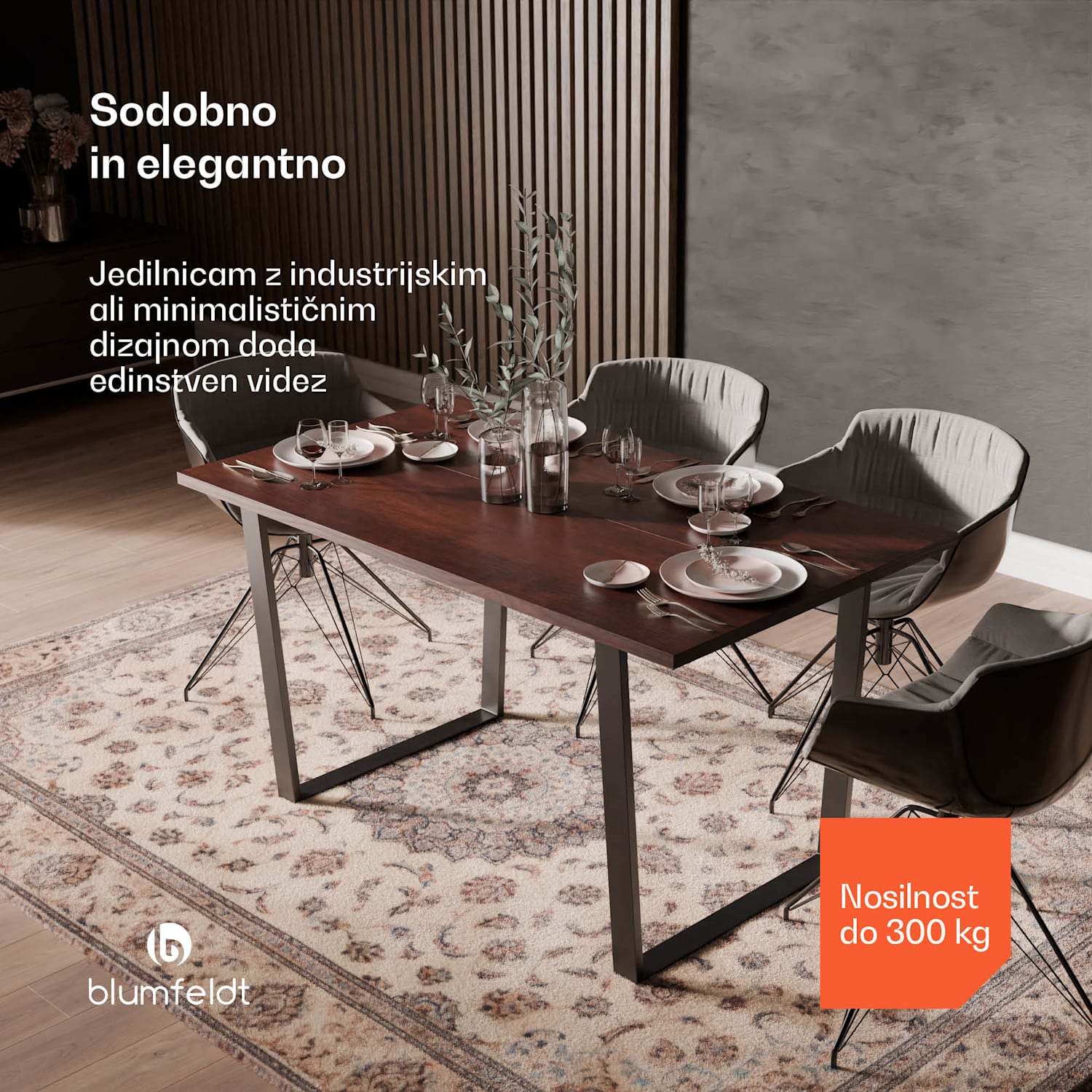 Jedilni set Bearsdon, mizna plošča in kovinske noge mize, industrijski slog, stabilno, moderno 140 x 80 | Tik