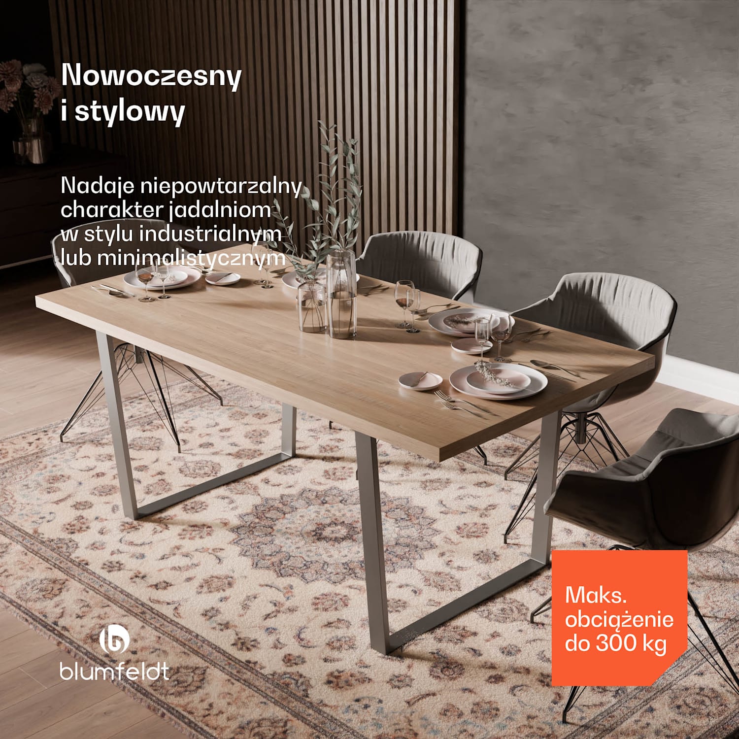 Bearsdon zestaw do jadalni, blat stołu i metalowe nogi, styl industrialny, stabilny, nowoczesny 180 x 90 | Sosna