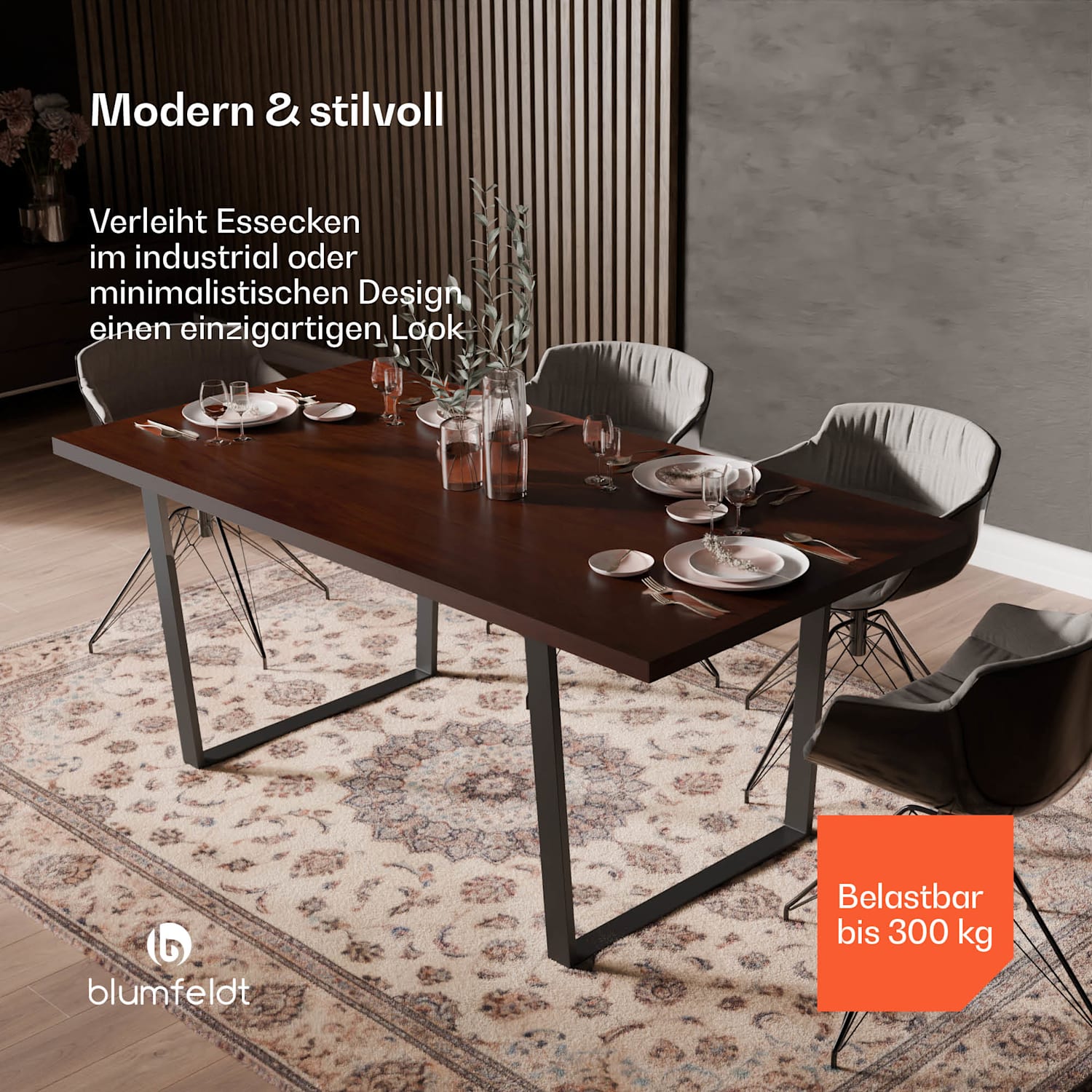 Bearsdon Esstisch Set | Tischplatte & Metall-Tischbeine | Industrial Style | stabil | modern 180 x 90 | Teakholz