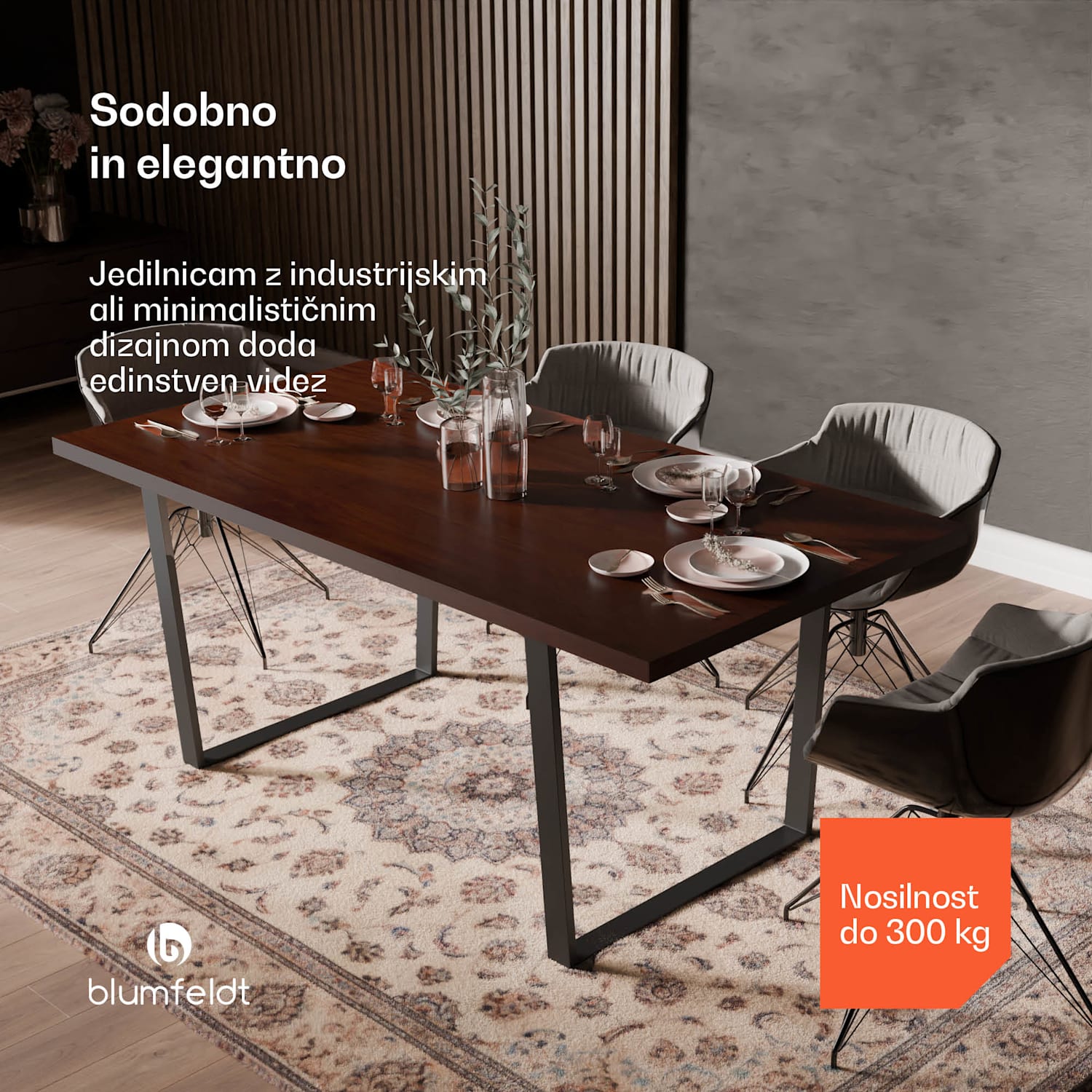 Jedilni set Bearsdon, mizna plošča in kovinske noge mize, industrijski slog, stabilno, moderno 180 x 90 | Tik