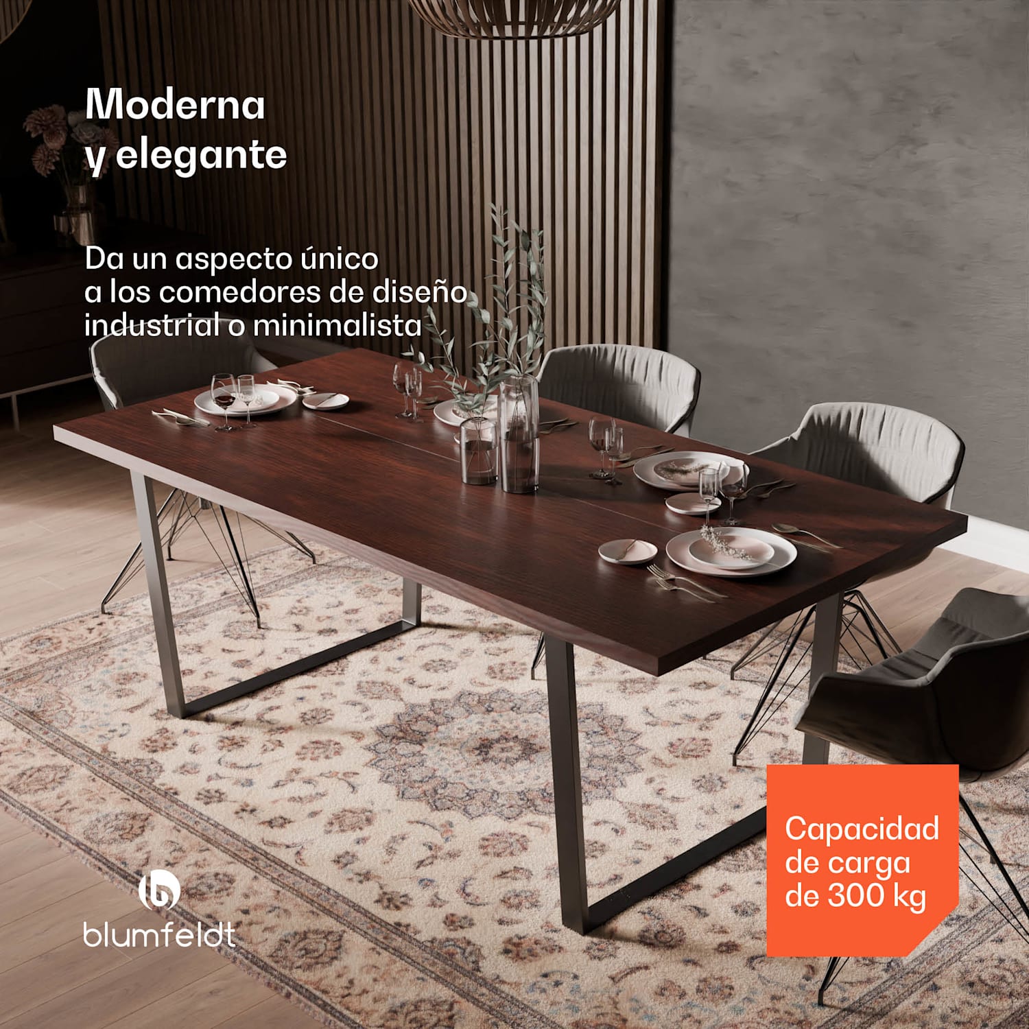 Juego de mesa de comedor Bearsdon | tablero y patas de metal | estilo industrial | estable | moderno 200 x 100 | Teca