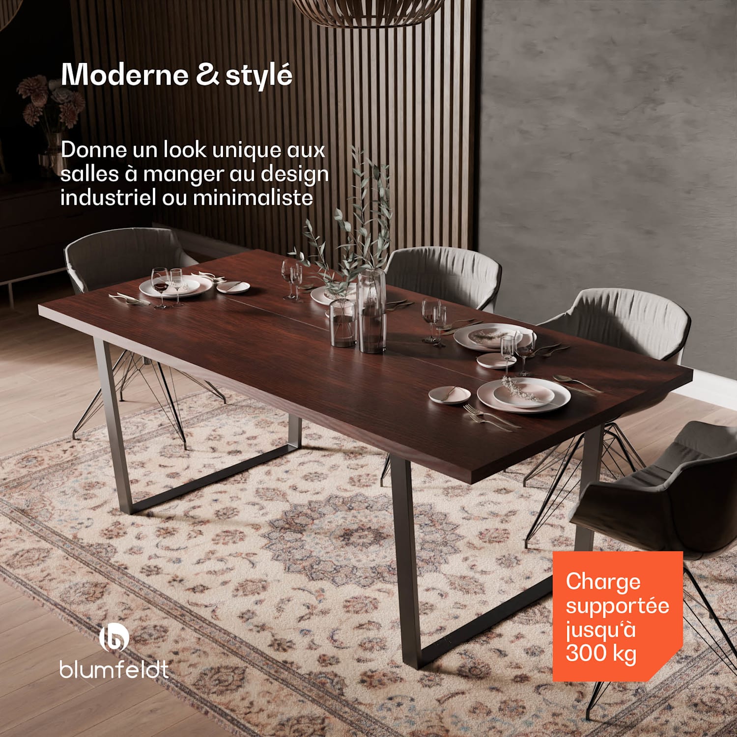 Bearsdon Set Table à Manger | Plateau de Table & Pieds de Table en Métal | Style Industriel | stable | moderne 200 x 100 | Teck