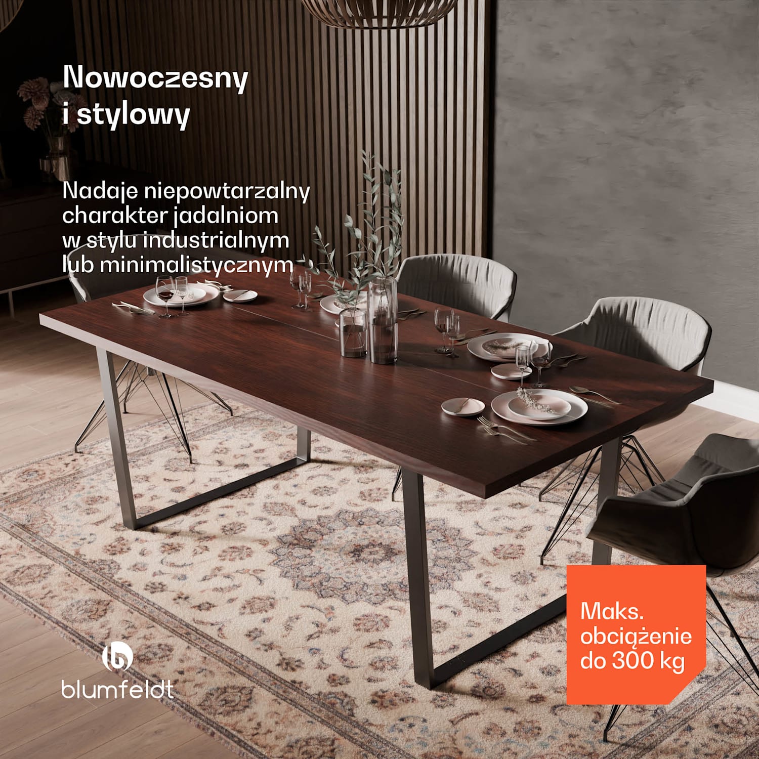 Bearsdon zestaw do jadalni, blat stołu i metalowe nogi, styl industrialny, stabilny, nowoczesny 200 x 100 | Drewno Tekowe