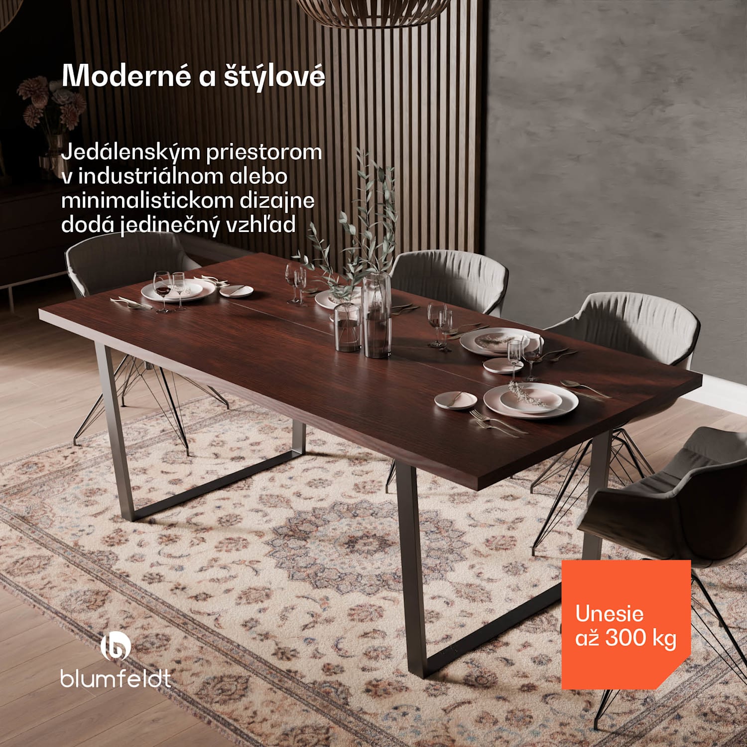 Bearsdon jedálenský set, stolová doska a kovové nohy stola, industriálny štýl, stabilný, moderný 200 x 100 | Teakové drevo