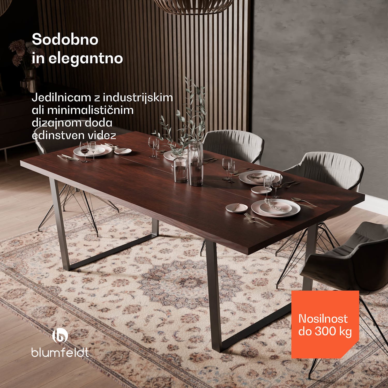 Jedilni set Bearsdon, mizna plošča in kovinske noge mize, industrijski slog, stabilno, moderno 200 x 100 | Tik