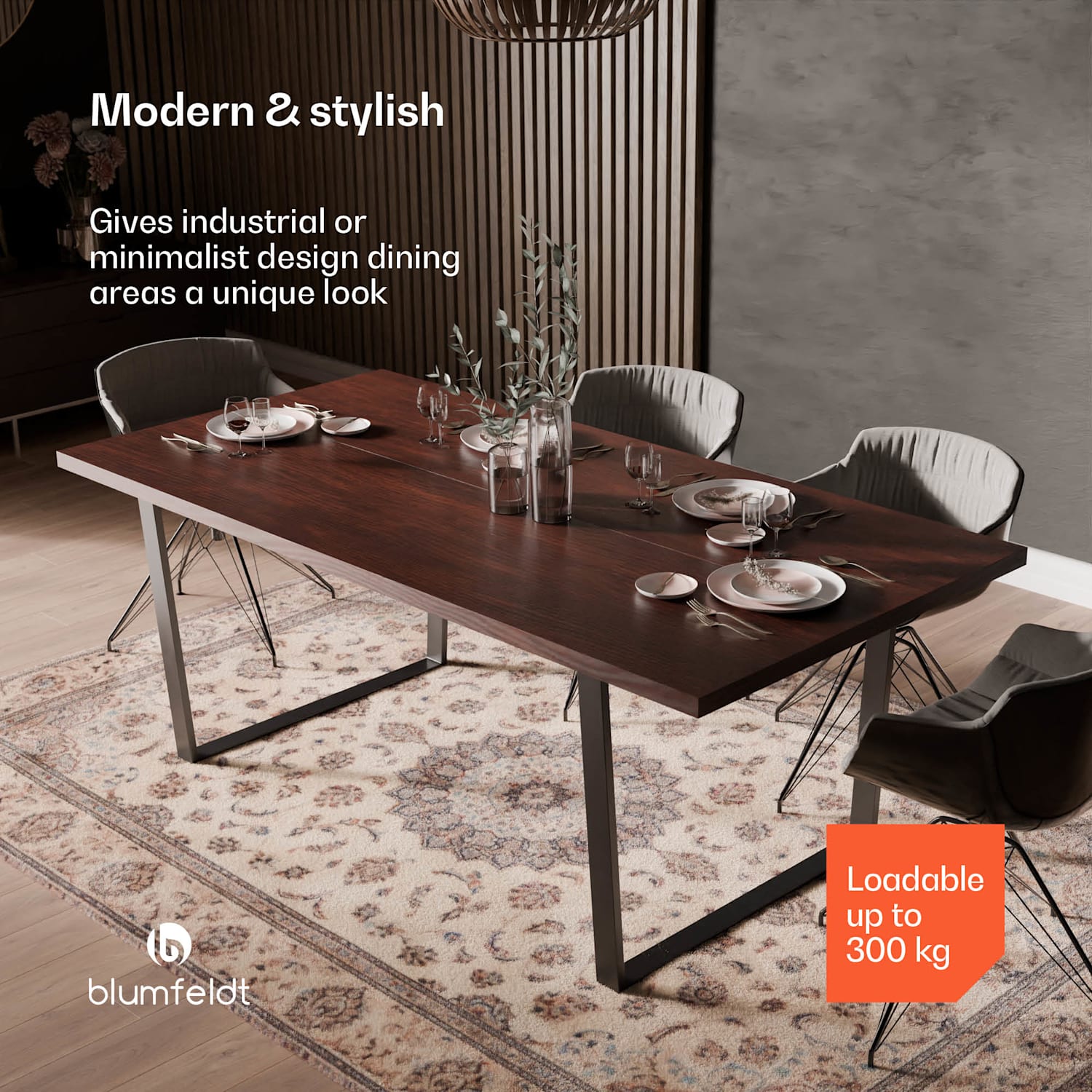 Bearsdon dining table set | table top & metal table legs | industrial style | stable | modern 200 x 100 | Teak