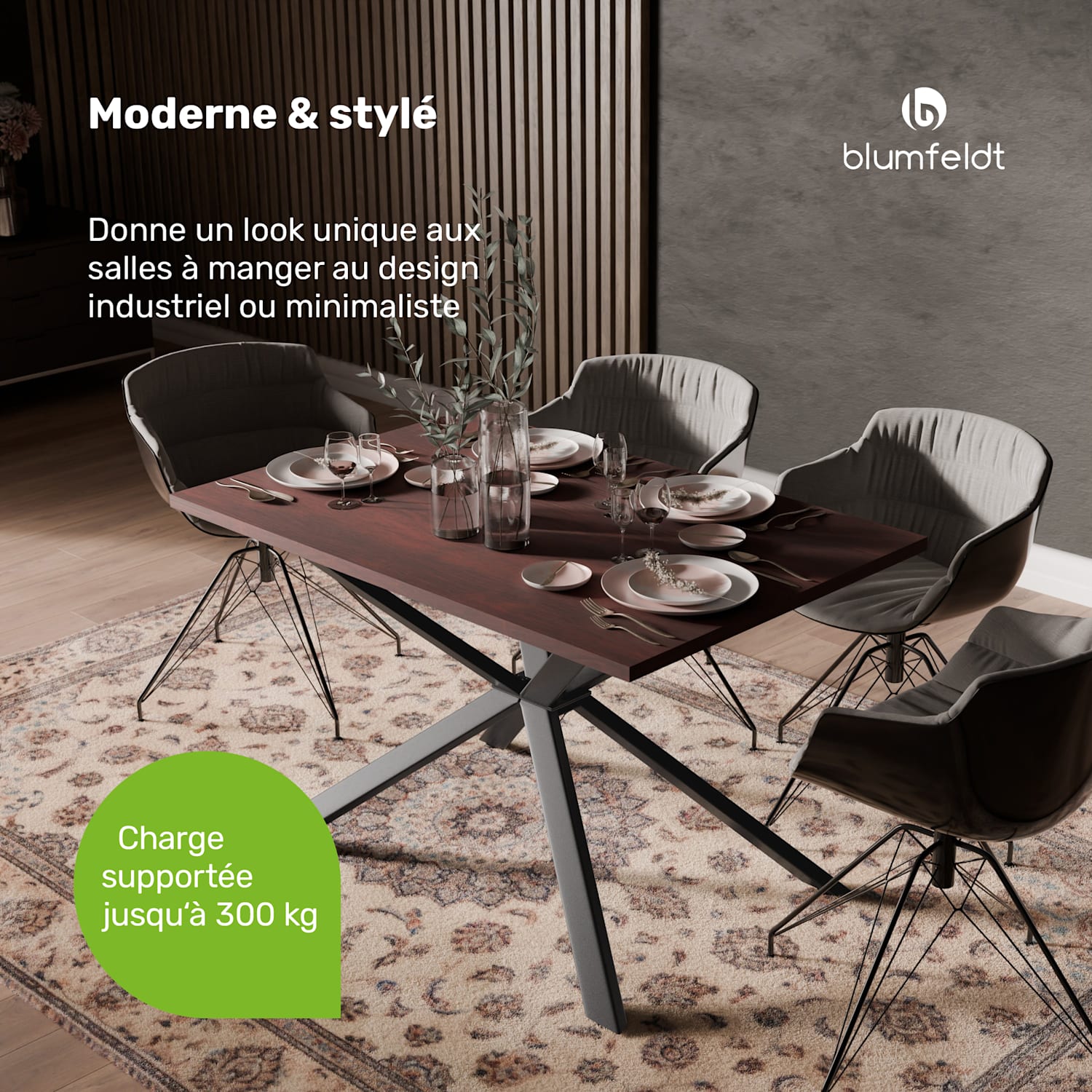 Set de table à manger Bearsdon | Plateau & pieds de table en métal | Style industriel | stable | moderne 120 x 80 cm | Teck