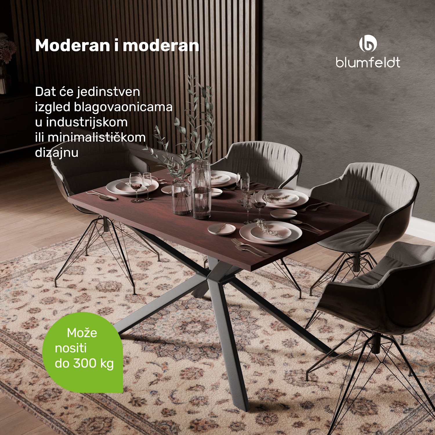 Bearsdon set blagovaonskog stola | ploča stola i metalne noge | industrijski stil | stabilan | moderan 120 x 80 cm | Tikovina