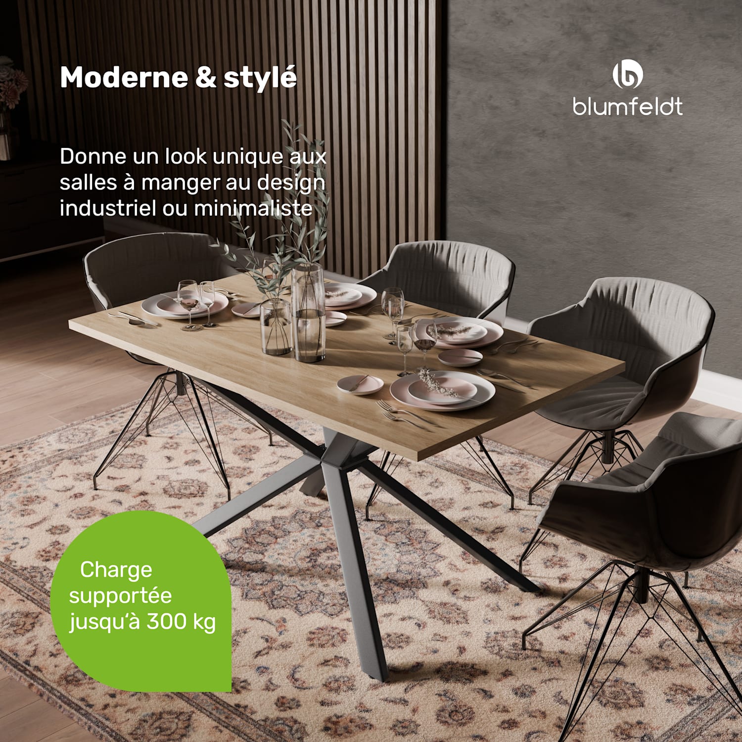 Set de table à manger Bearsdon | Plateau & pieds de table en métal | Style industriel | stable | moderne 140 x 80 | Pin
