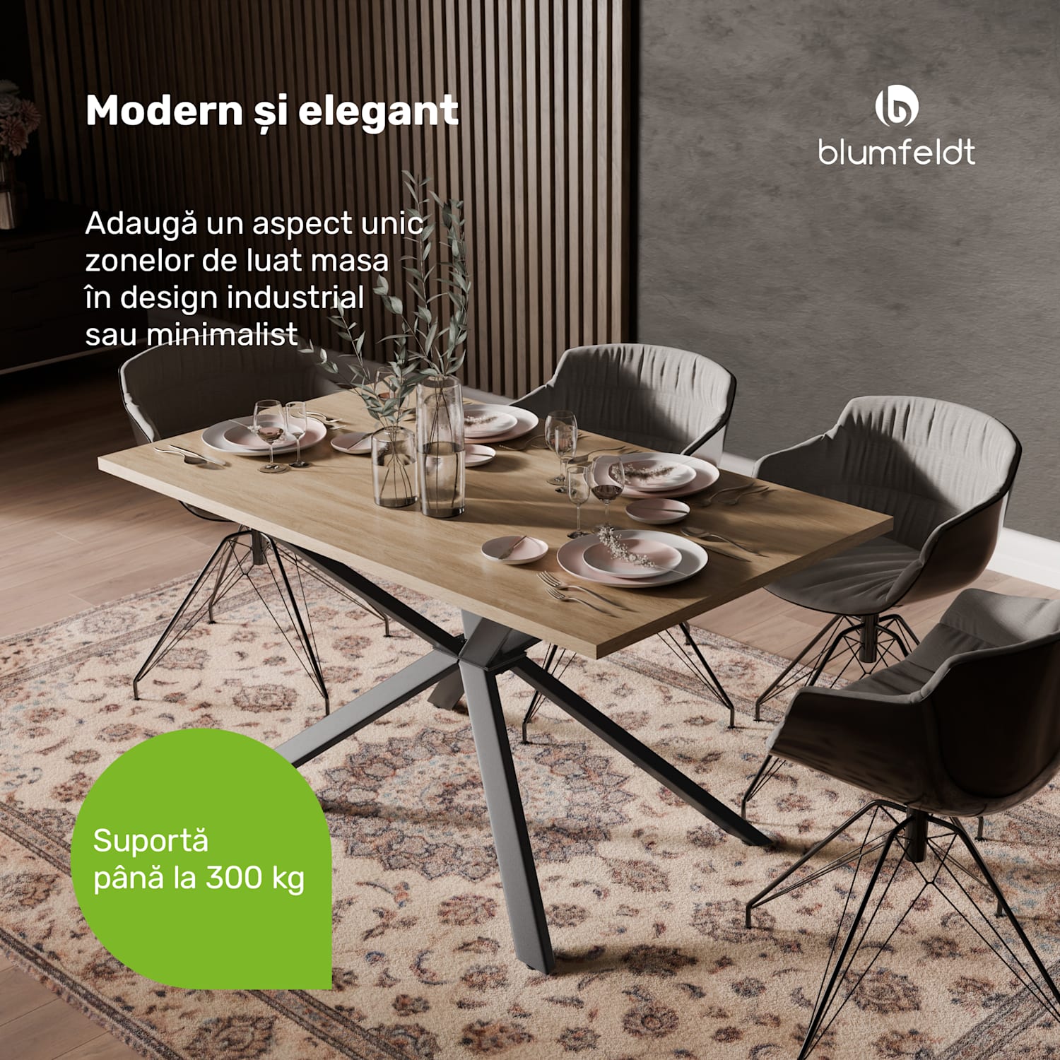 Set masă Bearsdon | Blat și picioare metalice | Stil industrial | stabil | modern 140 x 80 | Pin
