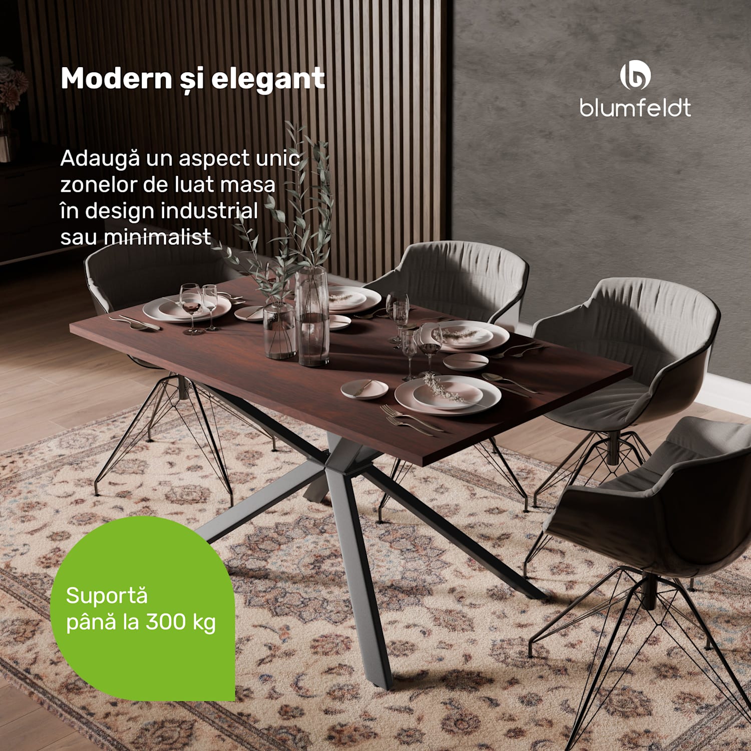 Set masă Bearsdon | Blat și picioare metalice | Stil industrial | stabil | modern 140 x 80 | Teak