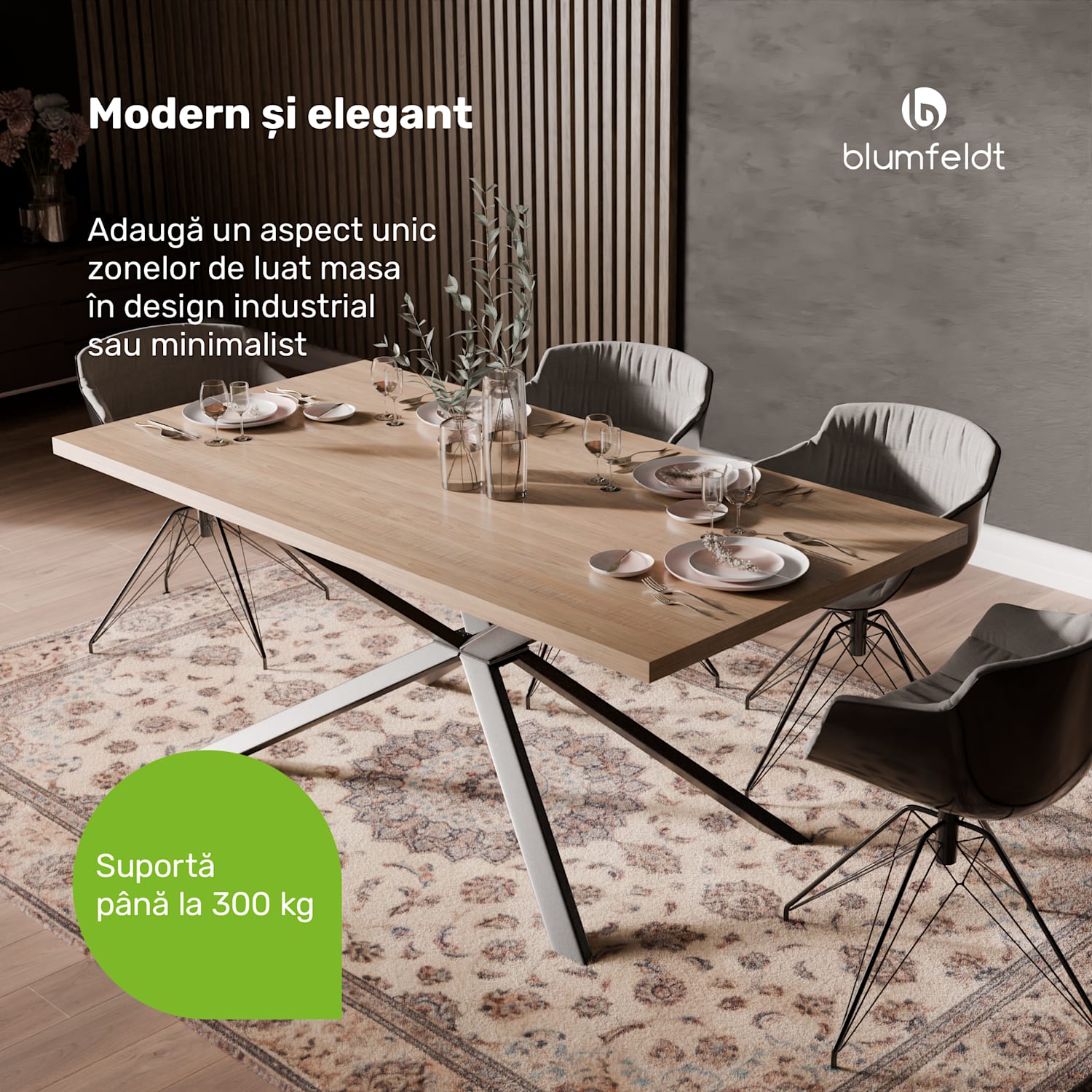 Set masă Bearsdon | Blat și picioare metalice | Stil industrial | stabil | modern 160 x 90 | Pin