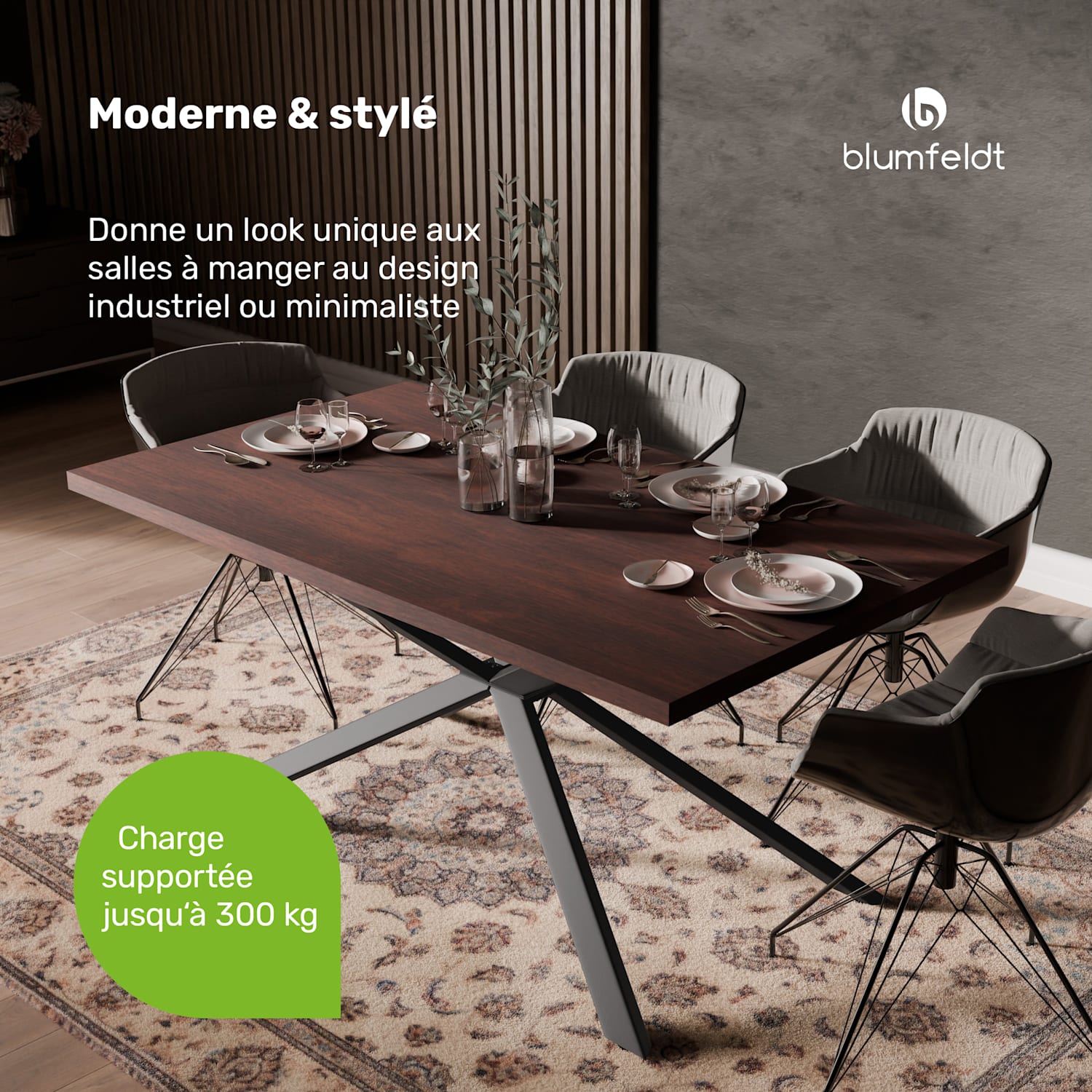 Set de table à manger Bearsdon | Plateau & pieds de table en métal | Style industriel | stable | moderne 160 x 90 | Teck