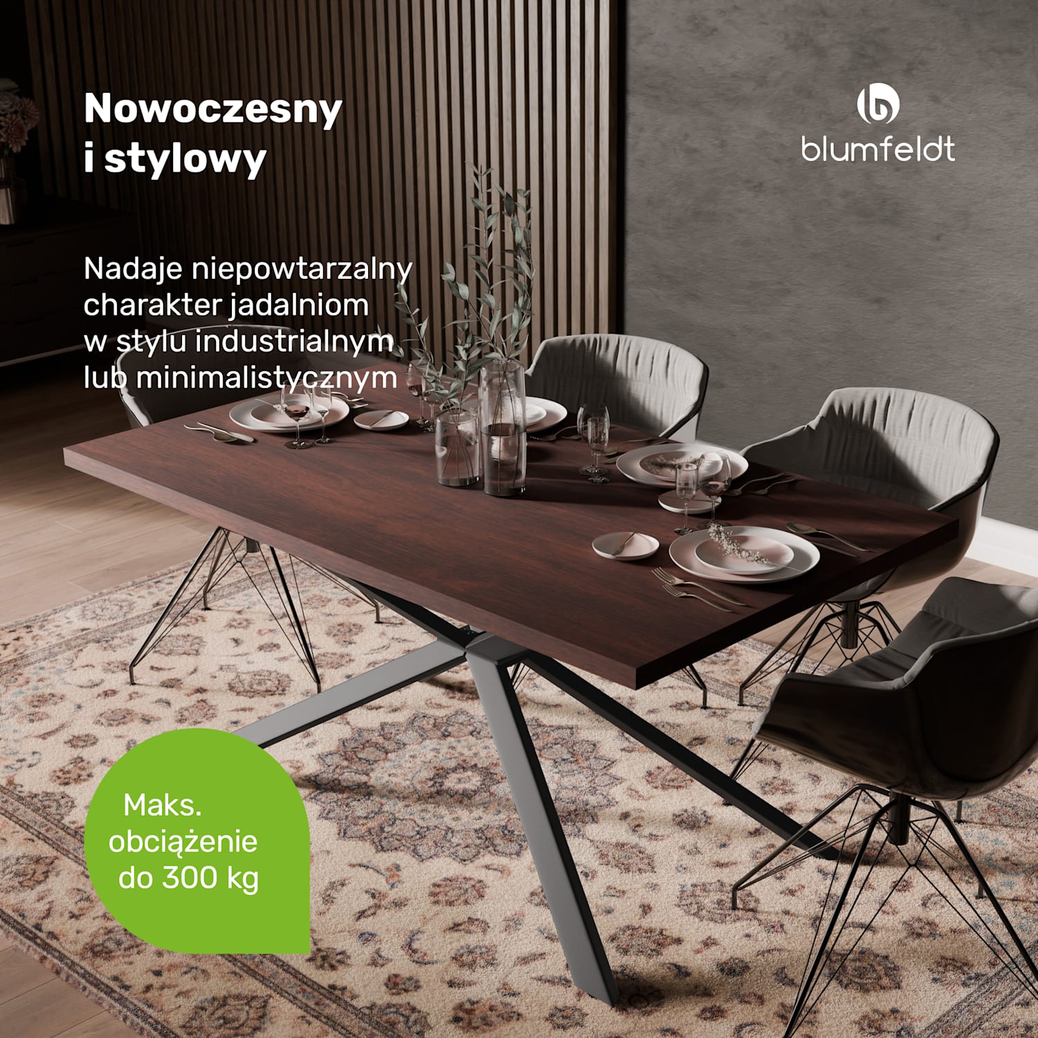 Bearsdon zestaw stołu jadalnianego | blat i metalowe nogi stołu | styl industrialny | stabilny | nowoczesny 160 x 90 | Drewno Tekowe