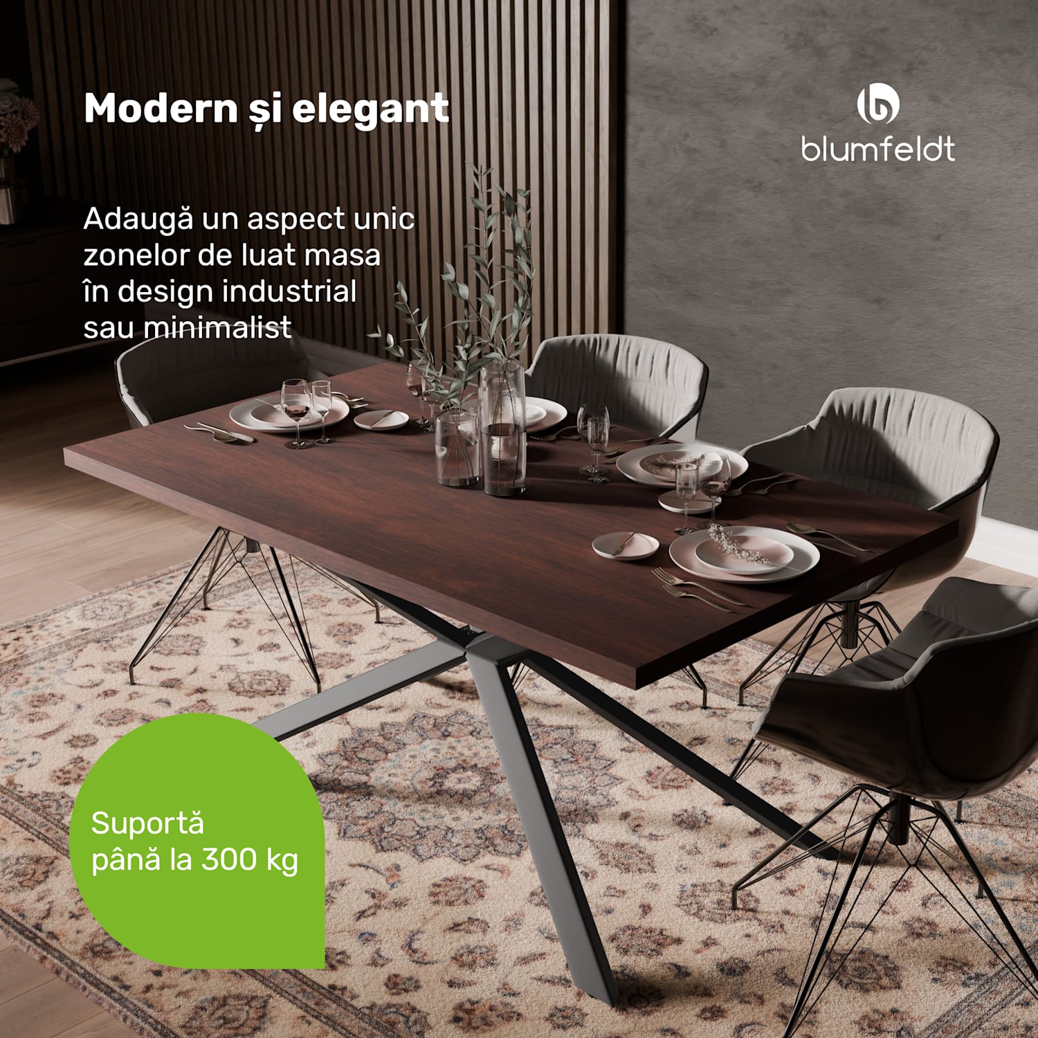 Set masă Bearsdon | Blat și picioare metalice | Stil industrial | stabil | modern 160 x 90 | Teak