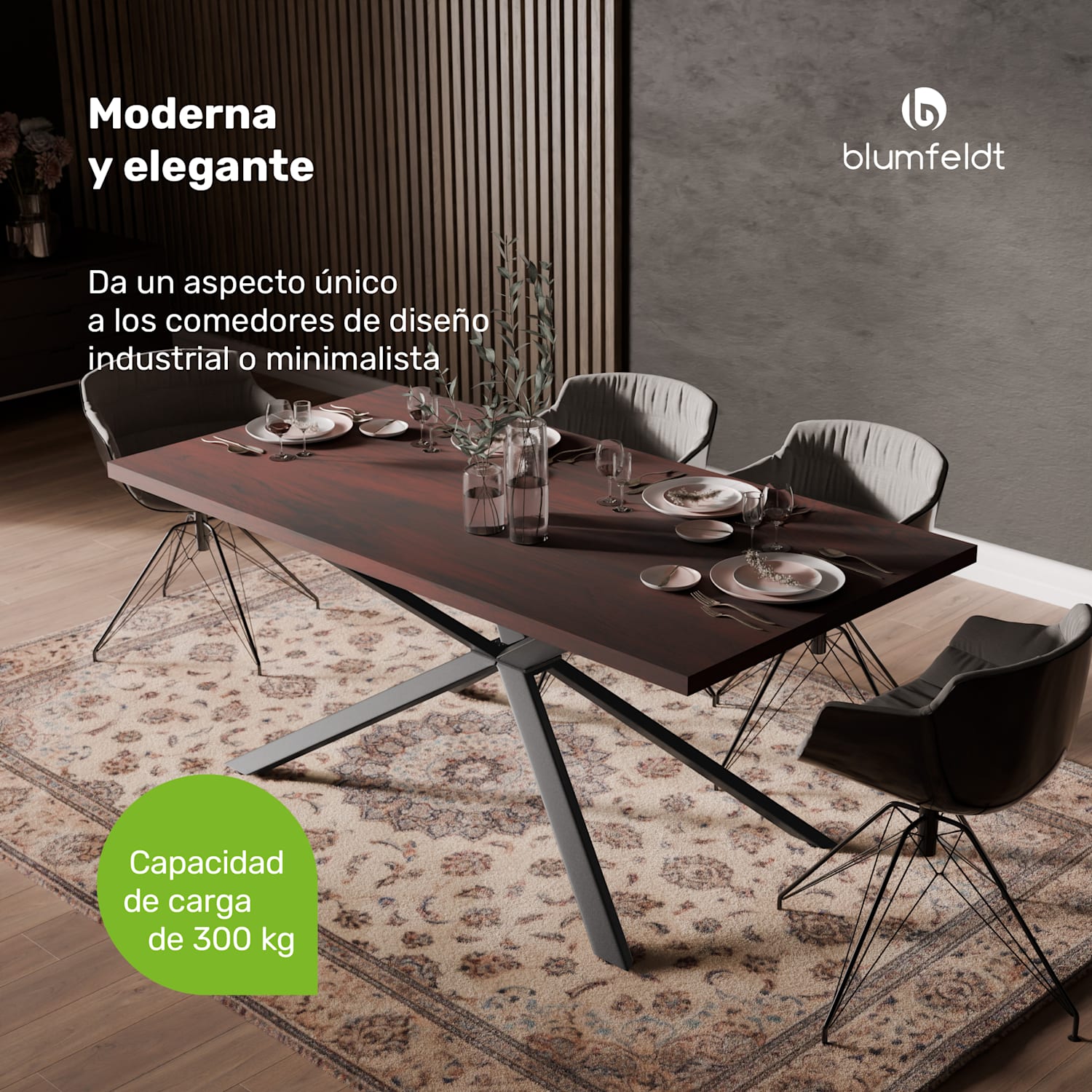 Bearsdon conjunto mesa de comedor | tablero y patas metálicas | estilo industrial | estable | moderno 180 x 90 | Madera Oscura