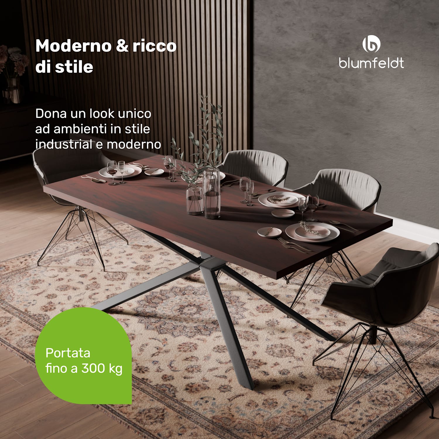 Set tavolo da pranzo Bearsdon | piano tavolo e gambe in metallo | stile industriale | stabile | moderno 180 x 90 | Legno scuro