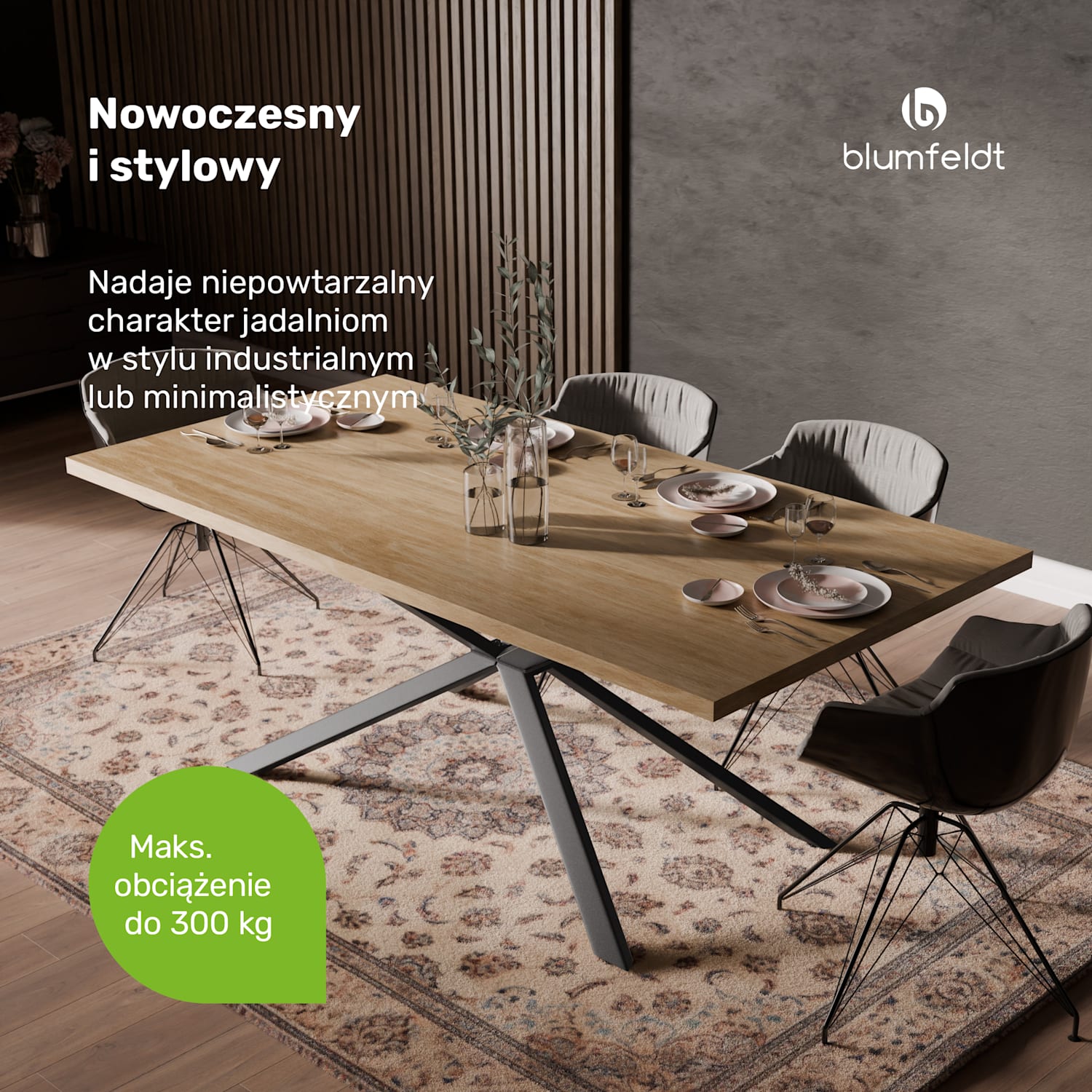 Bearsdon zestaw stołu jadalnianego | blat i metalowe nogi stołu | styl industrialny | stabilny | nowoczesny 200 x 100 | Sosna