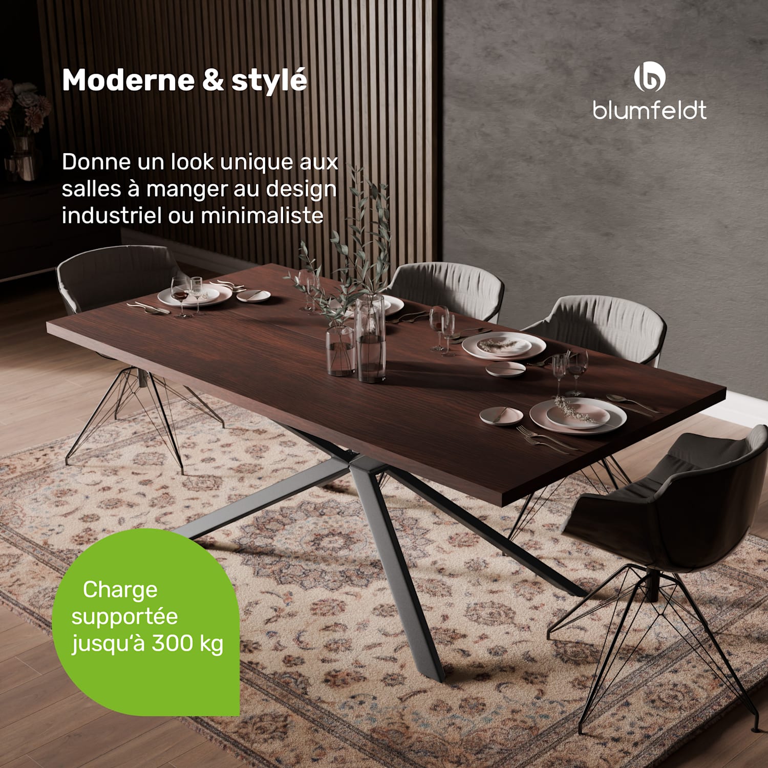 Set de table à manger Bearsdon | Plateau & pieds de table en métal | Style industriel | stable | moderne 200 x 100 | Teck