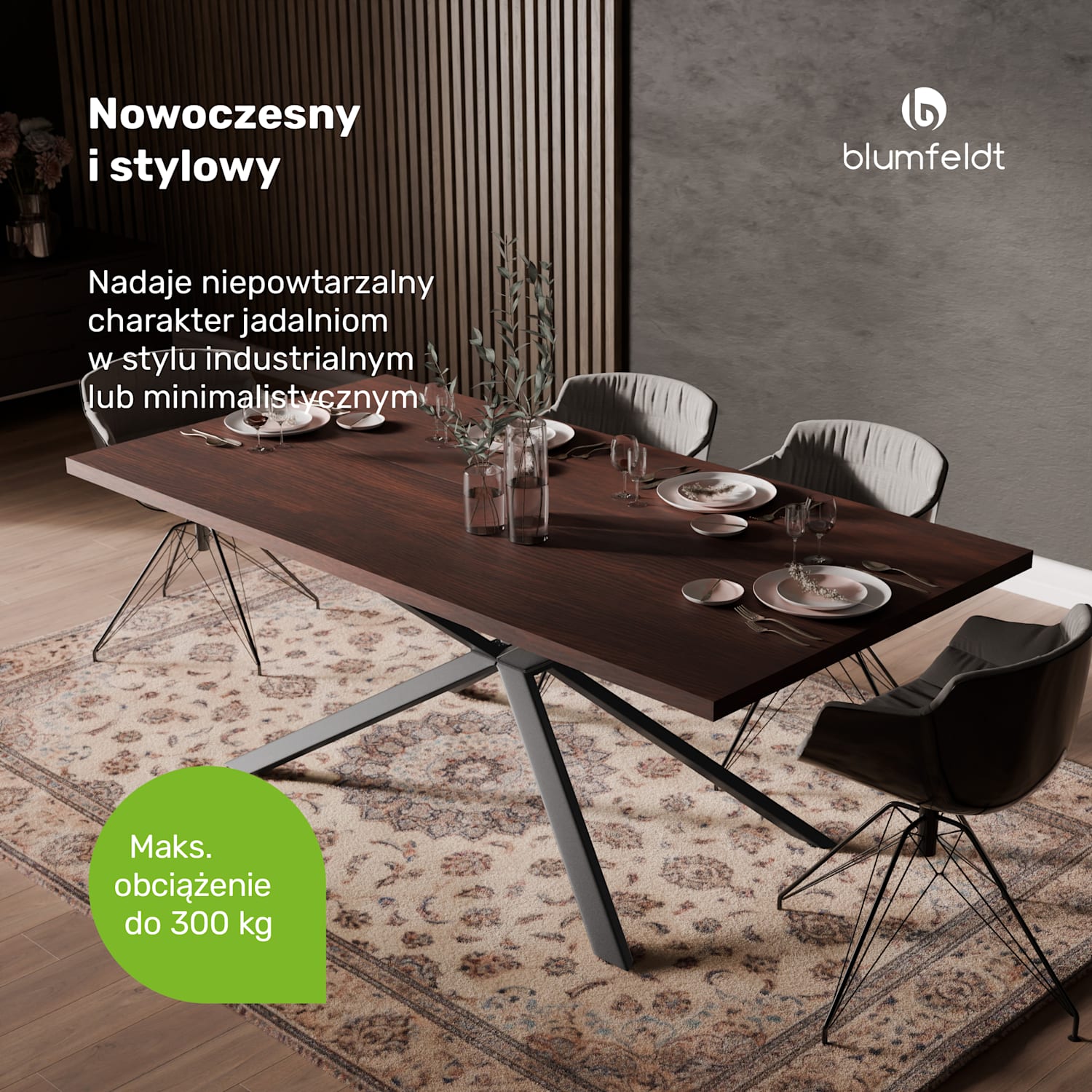 Bearsdon zestaw stołu jadalnianego | blat i metalowe nogi stołu | styl industrialny | stabilny | nowoczesny 200 x 100 | Drewno Tekowe
