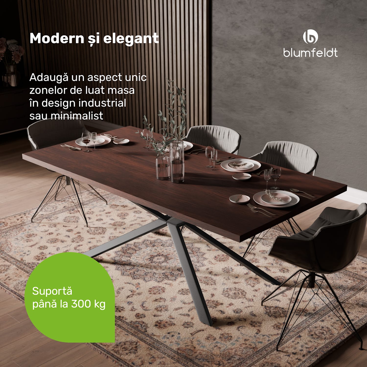 Set masă Bearsdon | Blat și picioare metalice | Stil industrial | stabil | modern 200 x 100 | Teak