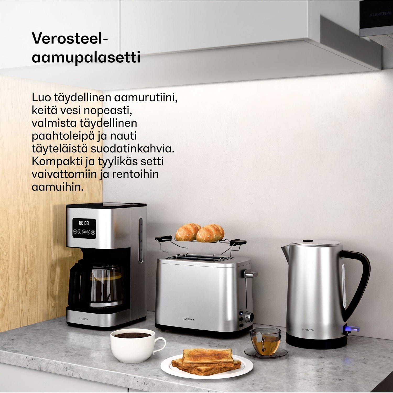 Verosteel aamiaissetti | Leivänpaahdin, vedenkeitin, kahvinkeitin | 12 kupin kapasiteetti 3er-Set