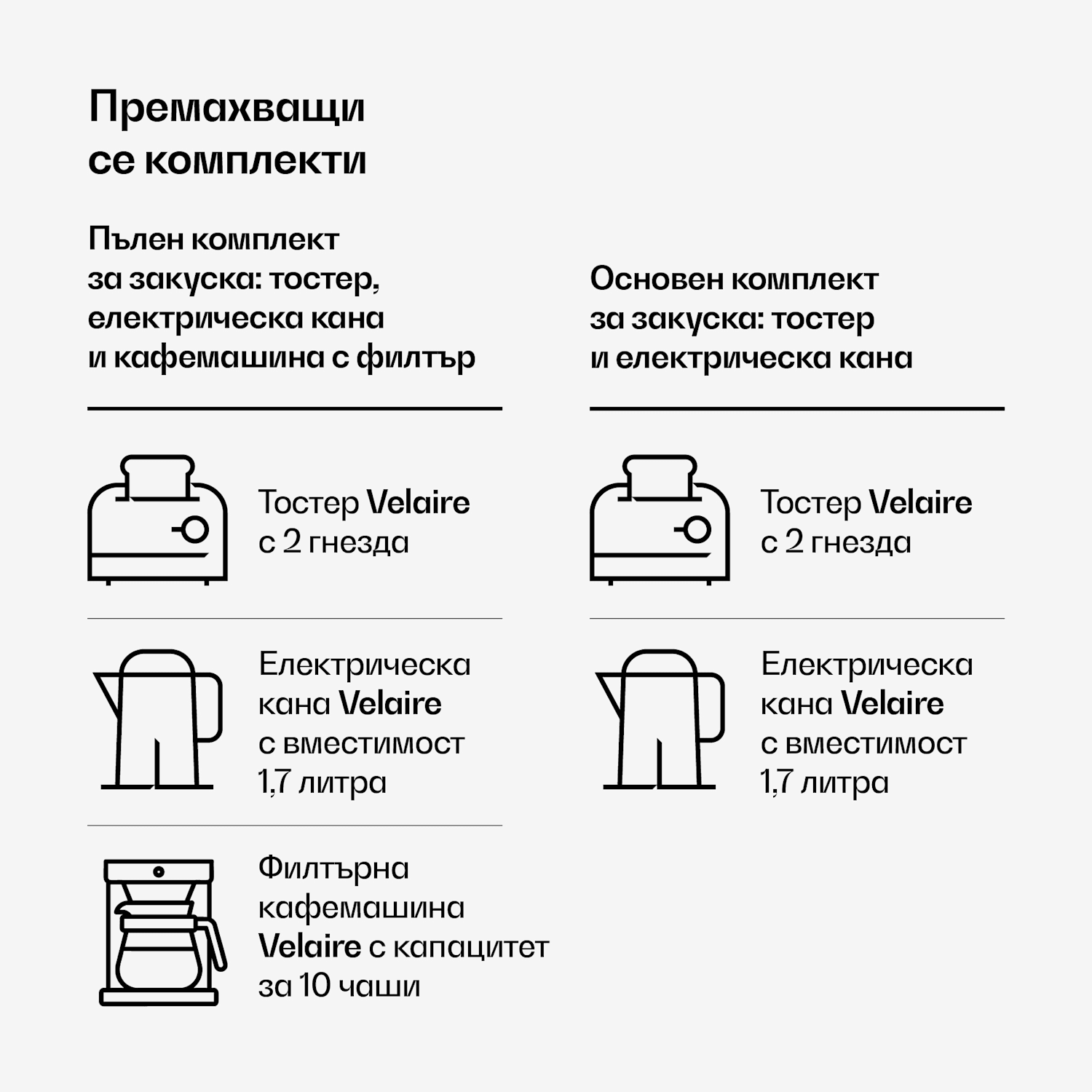 Основен комплект за закуска Velaire | Тостер с 2 гнезда и електрическа кана | 800 W | 1,7 л 2er-Set