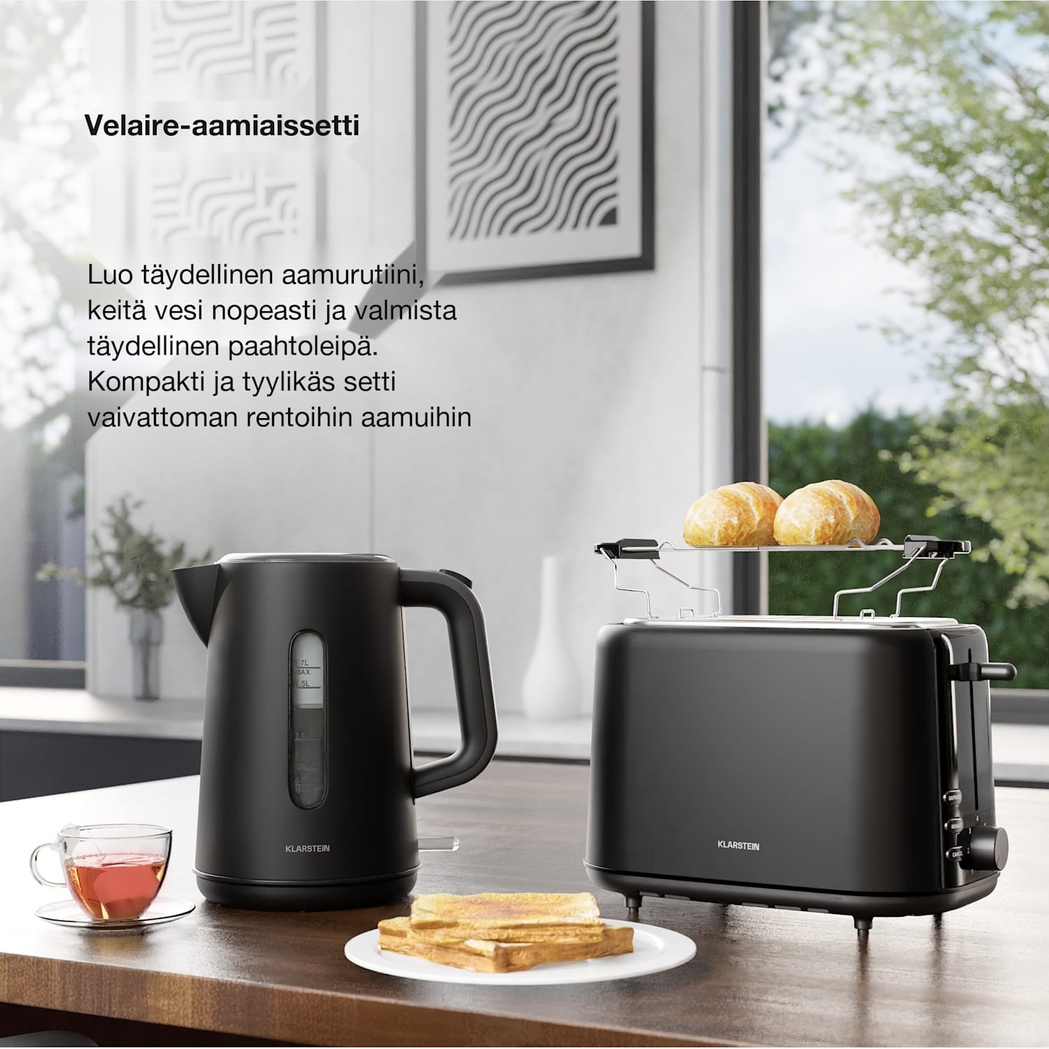 Velaire perusaamiaissetti | 2-paikkainen leivänpaahdin & vedenkeitin | 800 W | 1,7 l 2 kpl setti