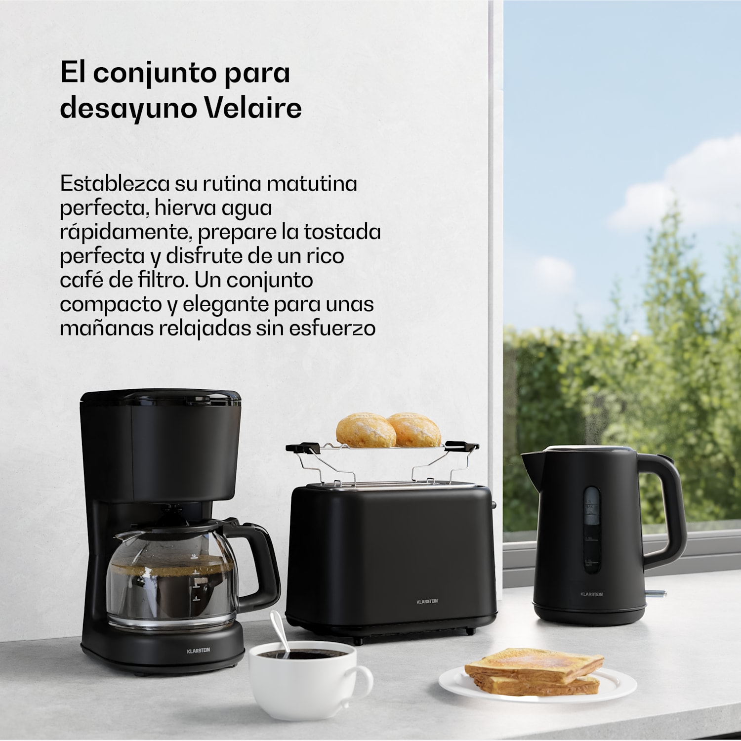 Set de desayuno Velaire | Tostadora, hervidor y cafetera | 800 W | 10 tazas | 1,7 l 