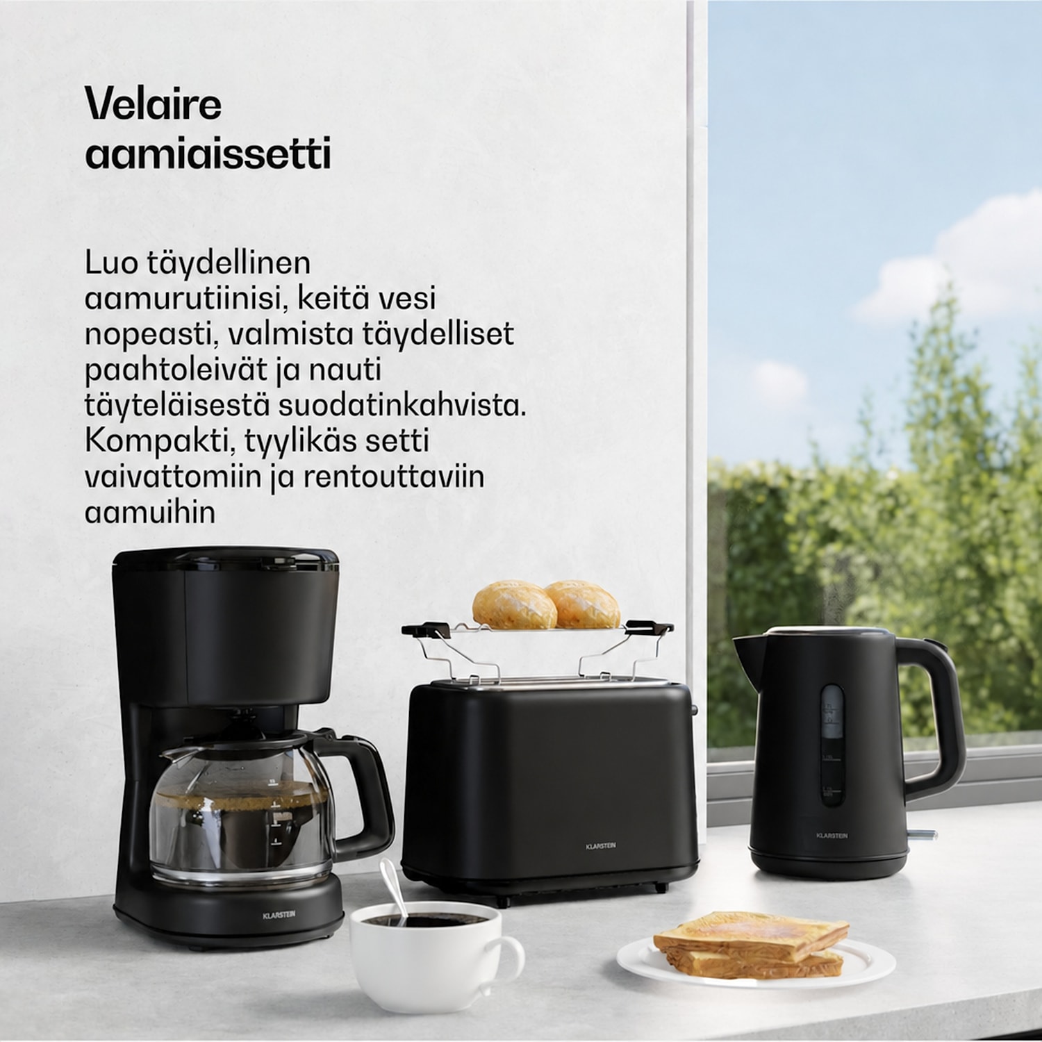 Velaire aamiaissetti | Leivänpaahdin, vedenkeitin & kahvinkeitin | 800 W | 10 kupillista | 1,7 l 3er-Set