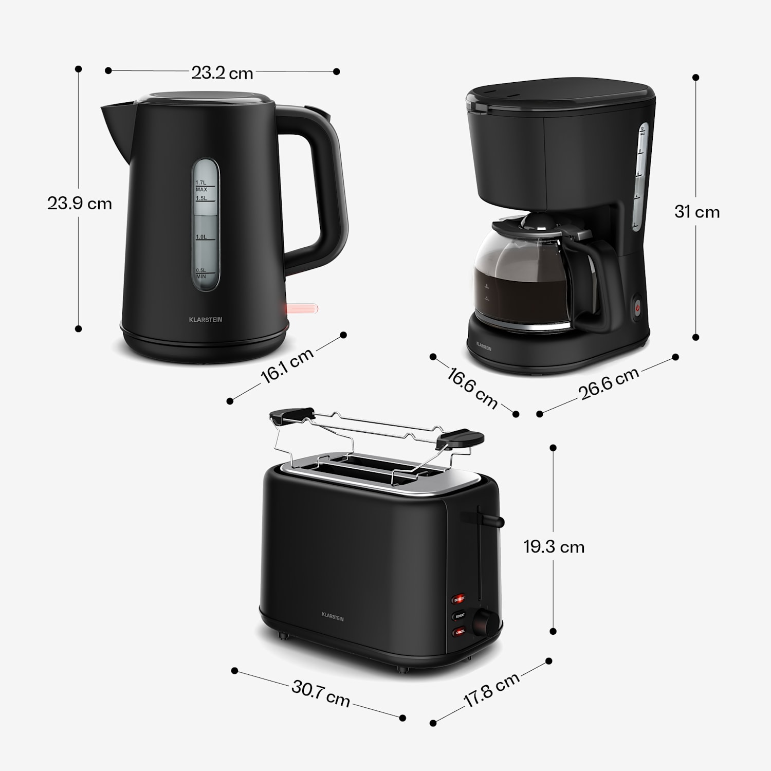 Velaire aamiaissetti | Leivänpaahdin, vedenkeitin & kahvinkeitin | 800 W | 10 kupillista | 1,7 l 3er-Set