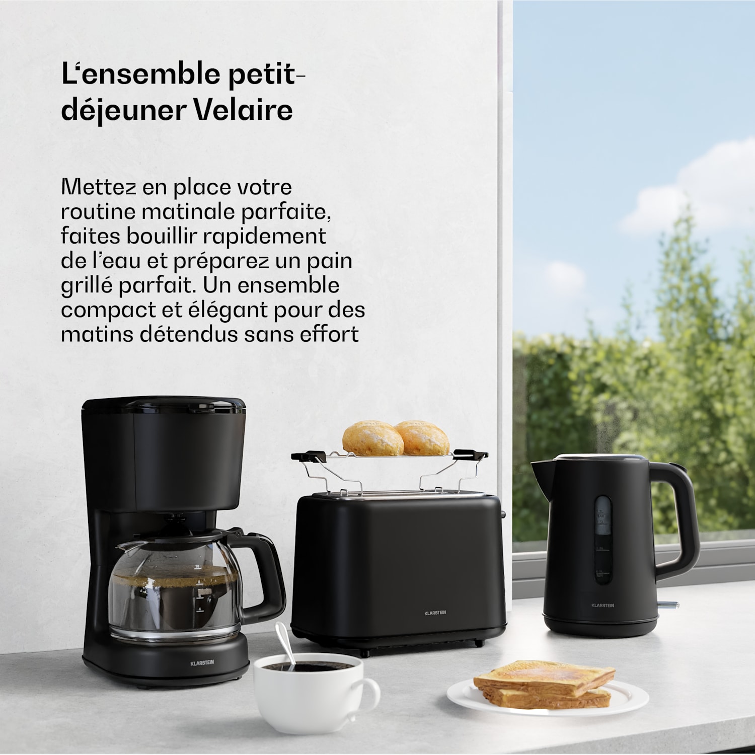Ensemble petit-déjeuner Velaire | Grille-pain, bouilloire & cafetière | 800 W | 10 tasses | 1,7 l 