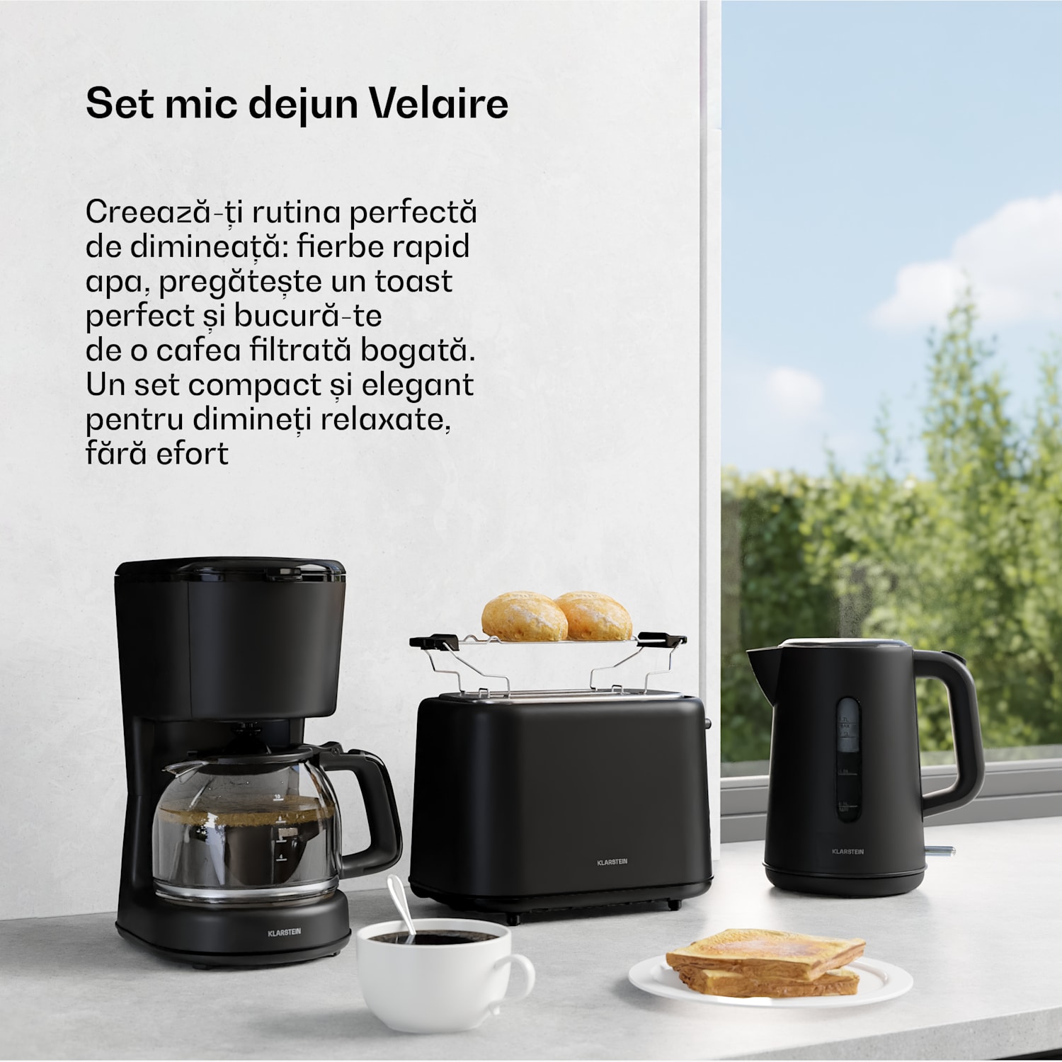 Set de mic dejun Velaire | prăjitor de pâine, fierbător electric și aparat de cafea | 800 W | 10 cești | 1,7 l 3er-Set