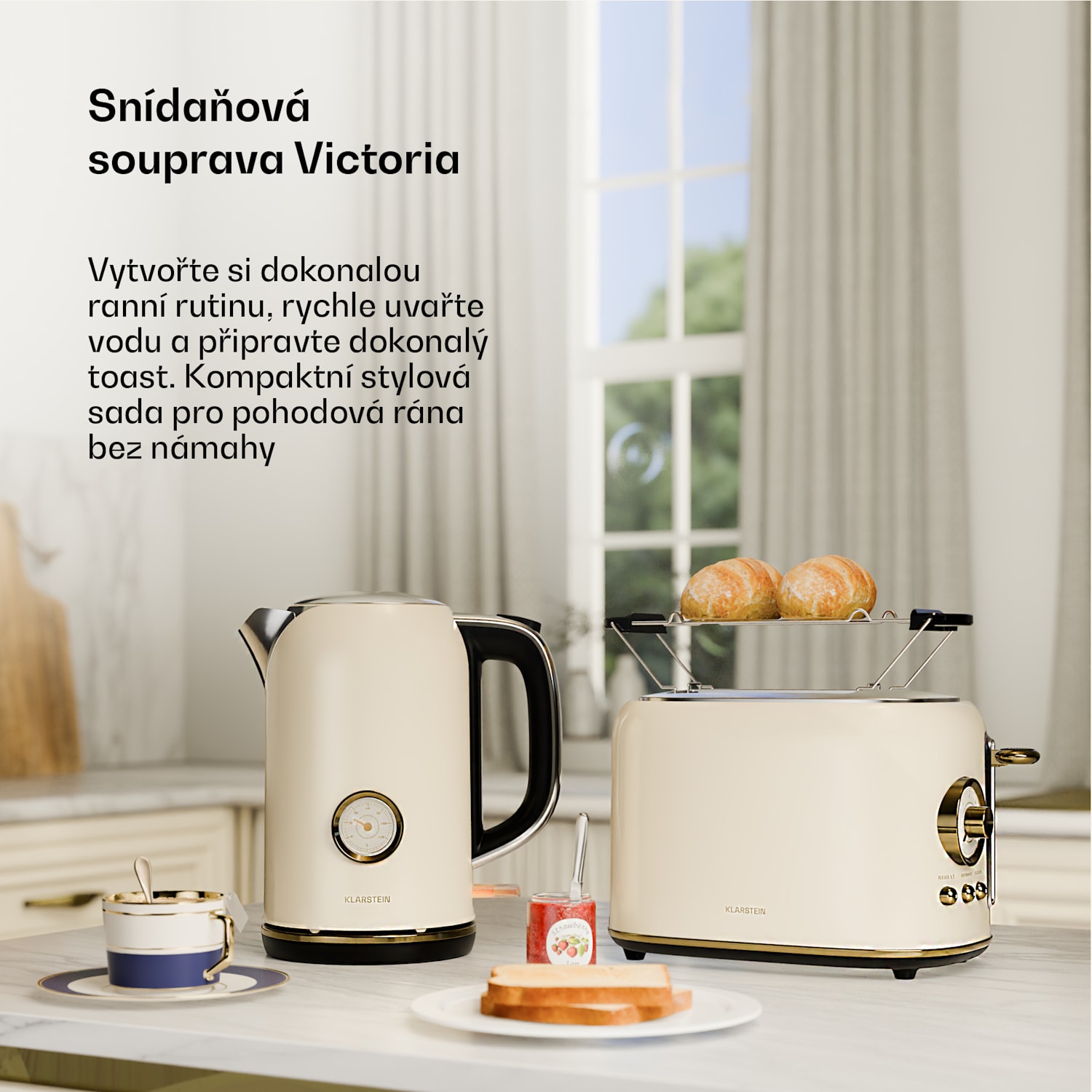 Victoria základní snídaňová souprava | 2štěrbinový toustovač a konvice Set_of_2 | Krémová
