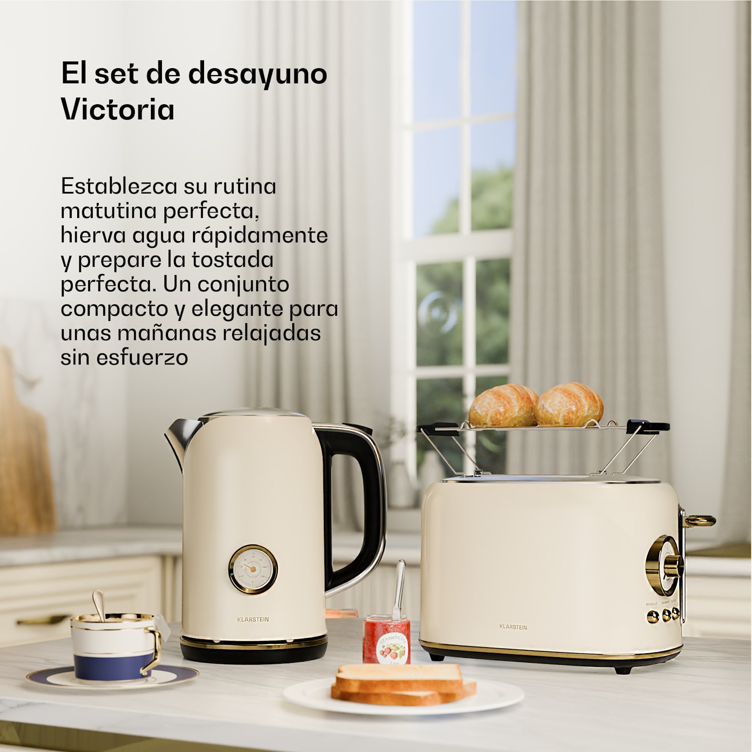 Victoria set básico de desayuno | Tostadora de 2 ranuras y hervidor | 800 W | 1,7 l 