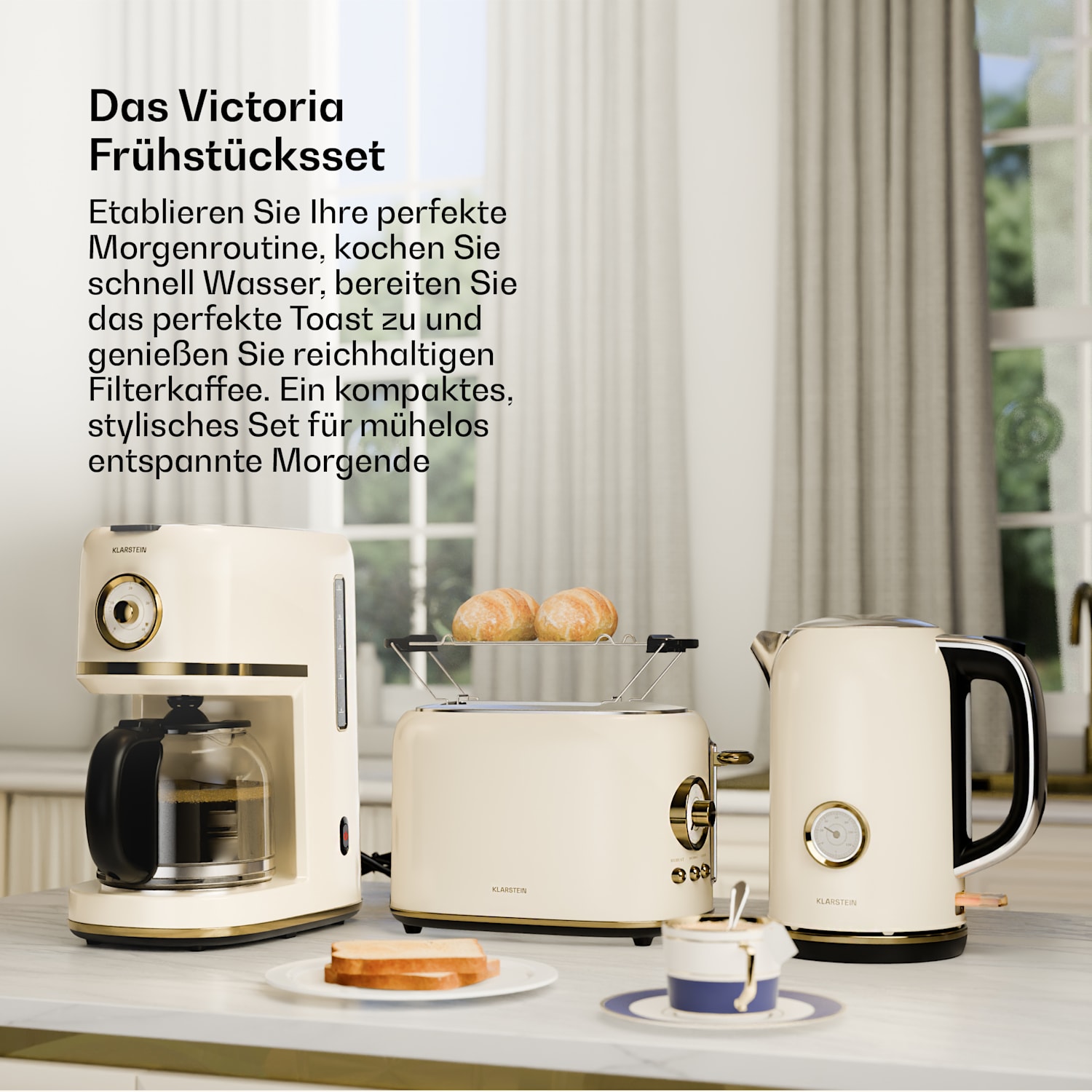 Victoria - Set per la colazione | Tostapane, bollitore, macchina del caffè | 12 tazze 3er-Set | Crema