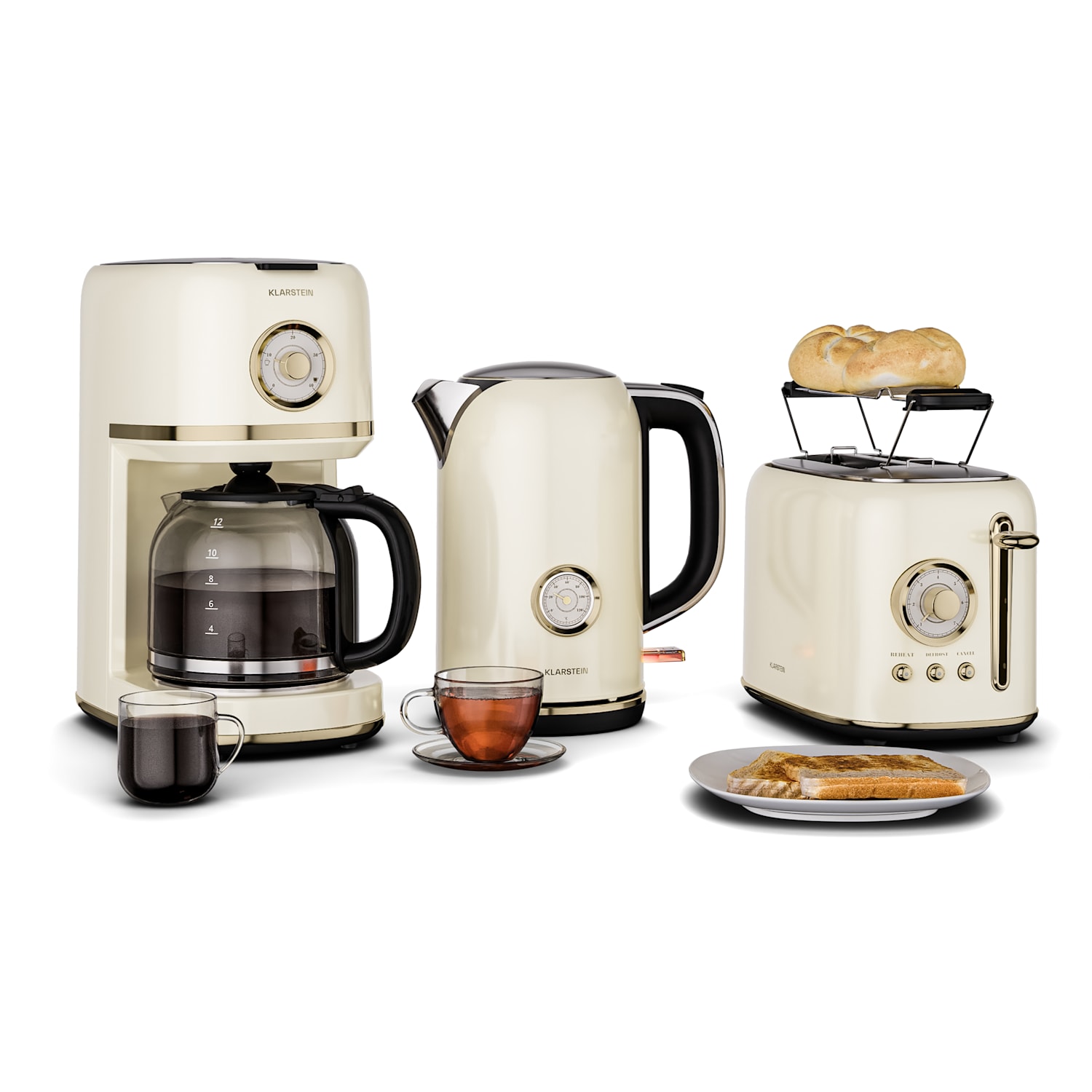 Set de desayuno Victoria | Tostadora, hervidor, cafetera | 12 tazas 3er-Set | Crema