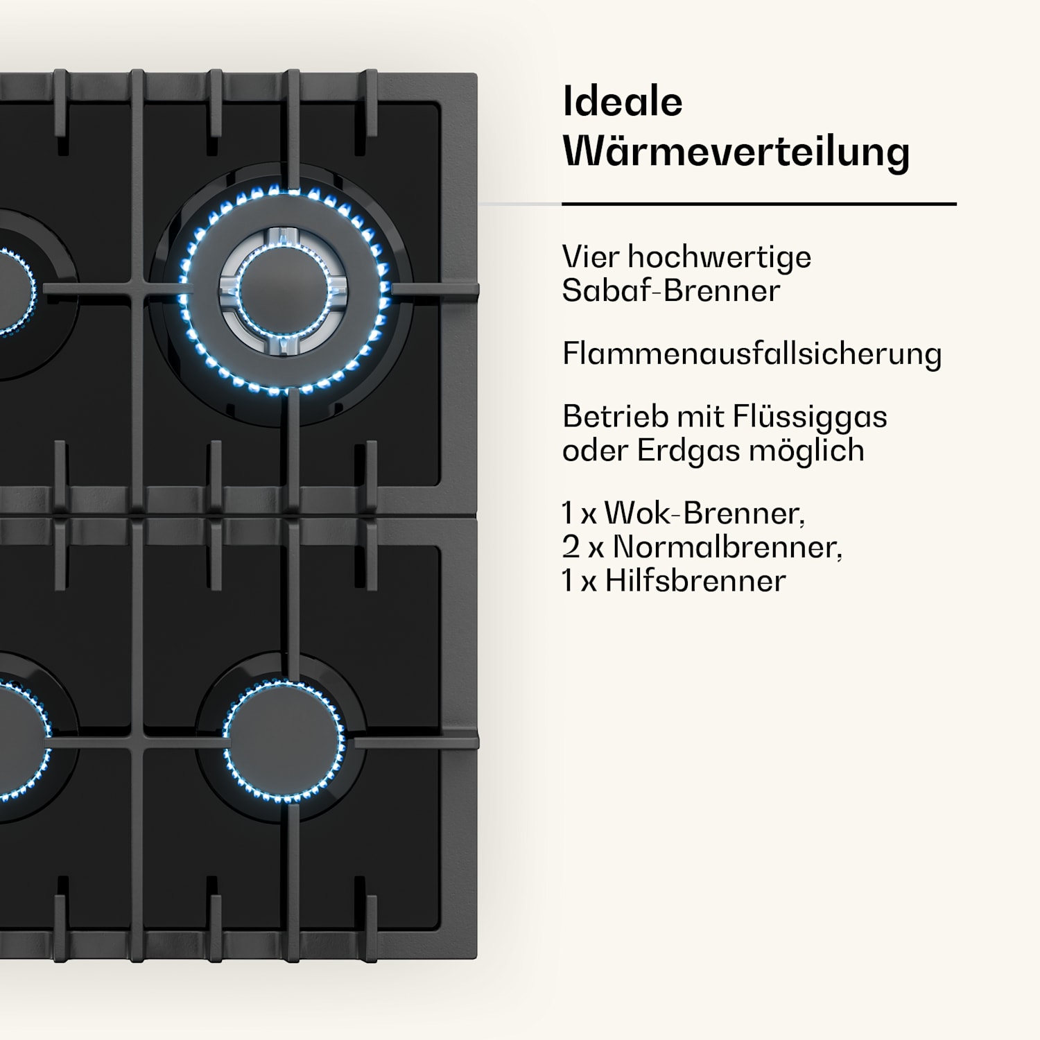 Victoria 60 Duo Set Gaz | Plaque de cuisson à gaz | Hotte aspirante 60 cm Gaz | Noir