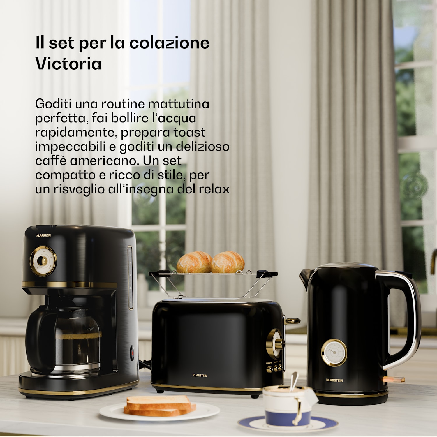 Victoria - Set per la colazione | Tostapane, bollitore, macchina del caffè | 12 tazze 3er-Set | Nero