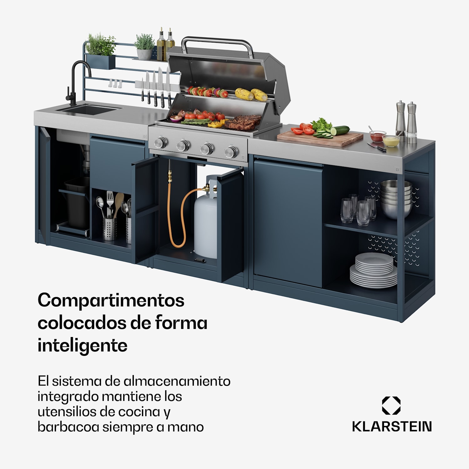 Juego de cocina para exteriores WaldChef | 4 quemadores | 30 mbar | 12.800 W | Resistente a la intemperie | Acero inoxidable Cocina de jardín - Juego de 30 mbar