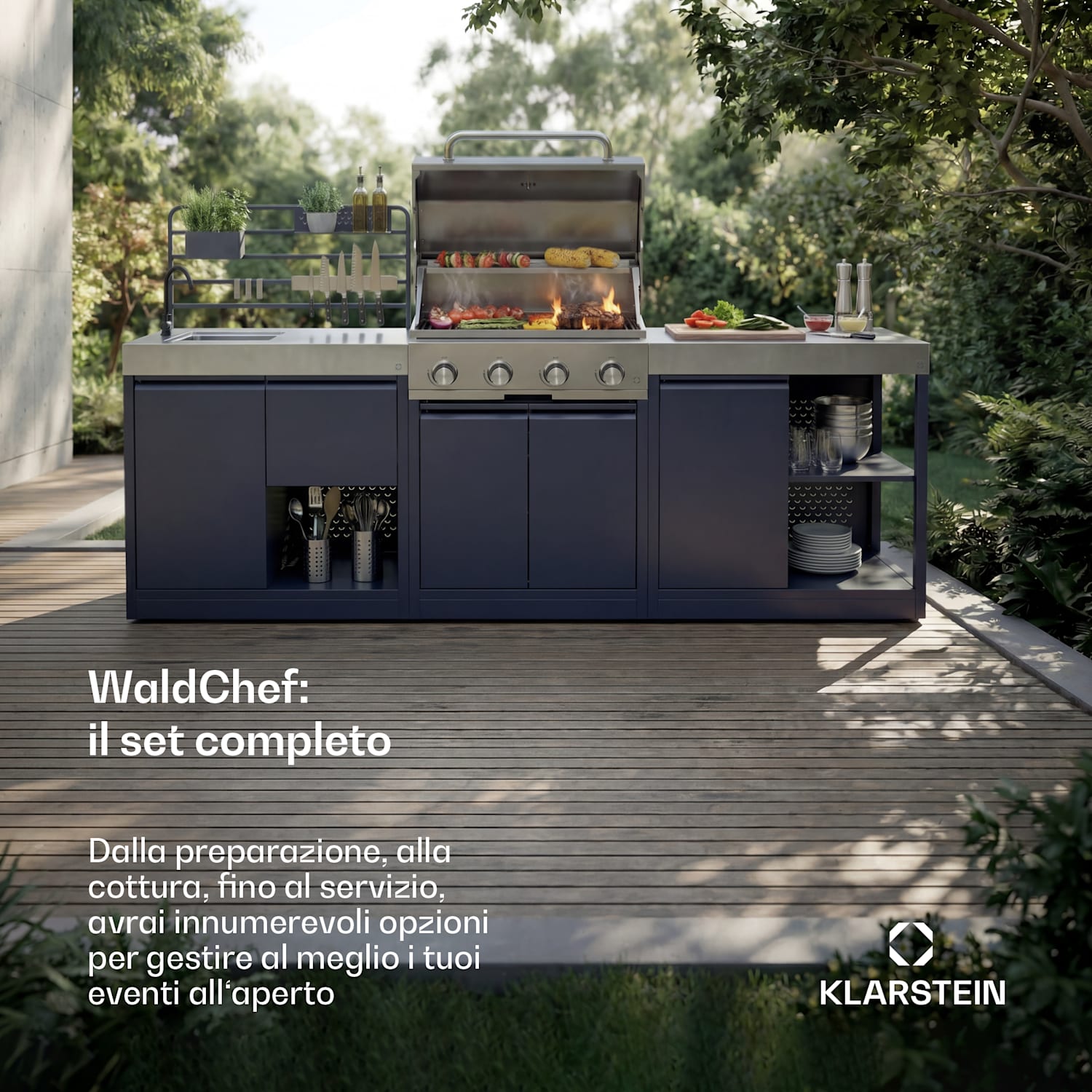 WaldChef - Set da cucina per esterni | 4 bruciatori | 30 mbar | 12800 W | Resistente alle intemperie | Acciaio inox Cucina da giardino - Set da 30 mbar