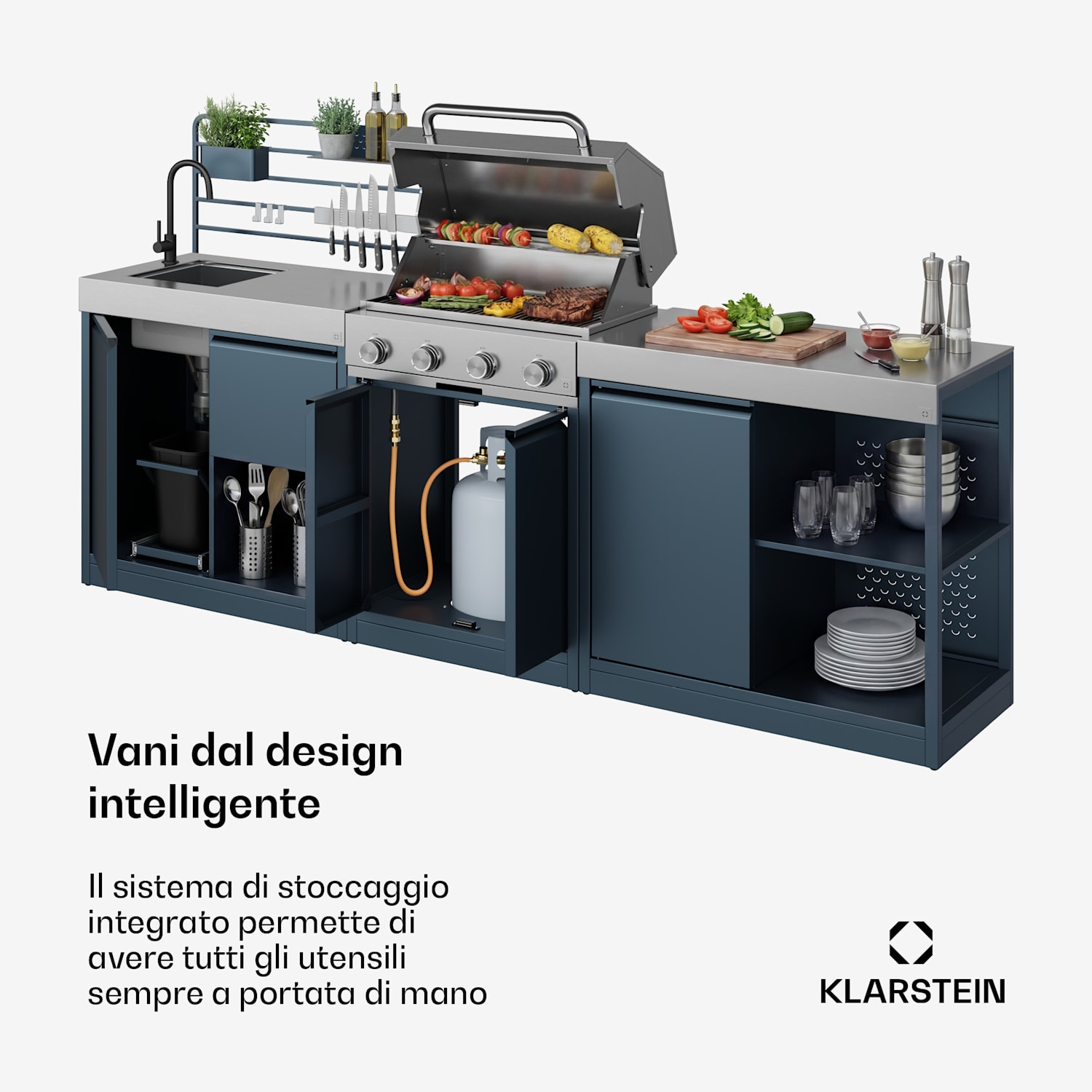 WaldChef - Set da cucina per esterni | 4 bruciatori | 30 mbar | 12800 W | Resistente alle intemperie | Acciaio inox Cucina da giardino - Set da 30 mbar