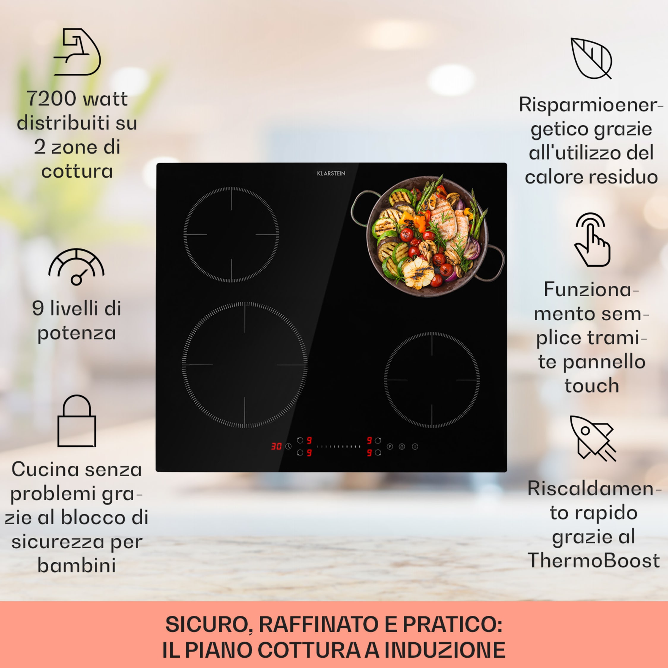 Piano Cottura Induzione Klarstein 5 Fuochi - 7200W, Touch, Timer, Termoboost, Avorio - Foto 4